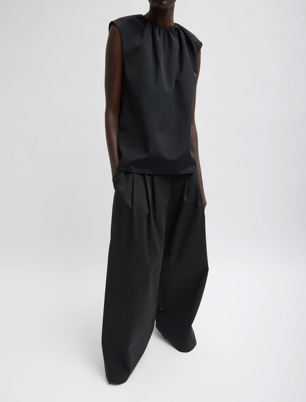 TIBI Lotte Nylon Shirred Neck Top in Black