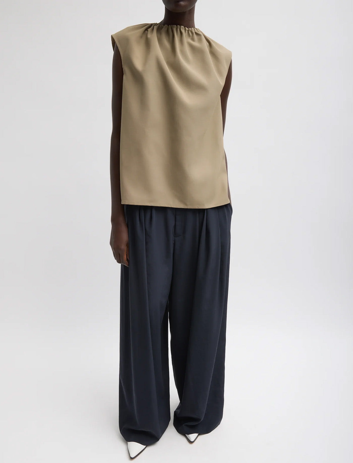 TIBI Lotte Nylon Shirred Neck Top in Khaki