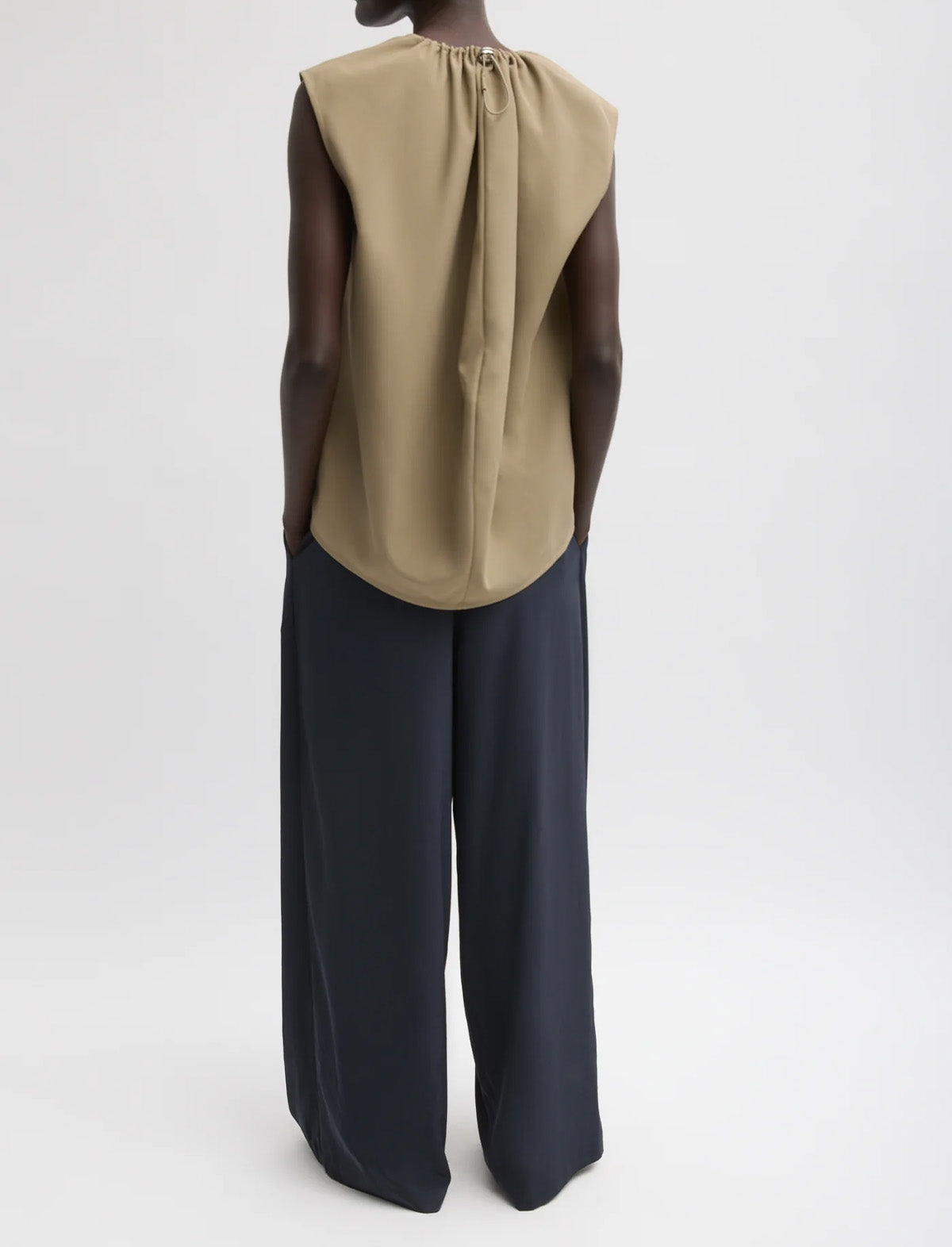 TIBI Lotte Nylon Shirred Neck Top in Khaki