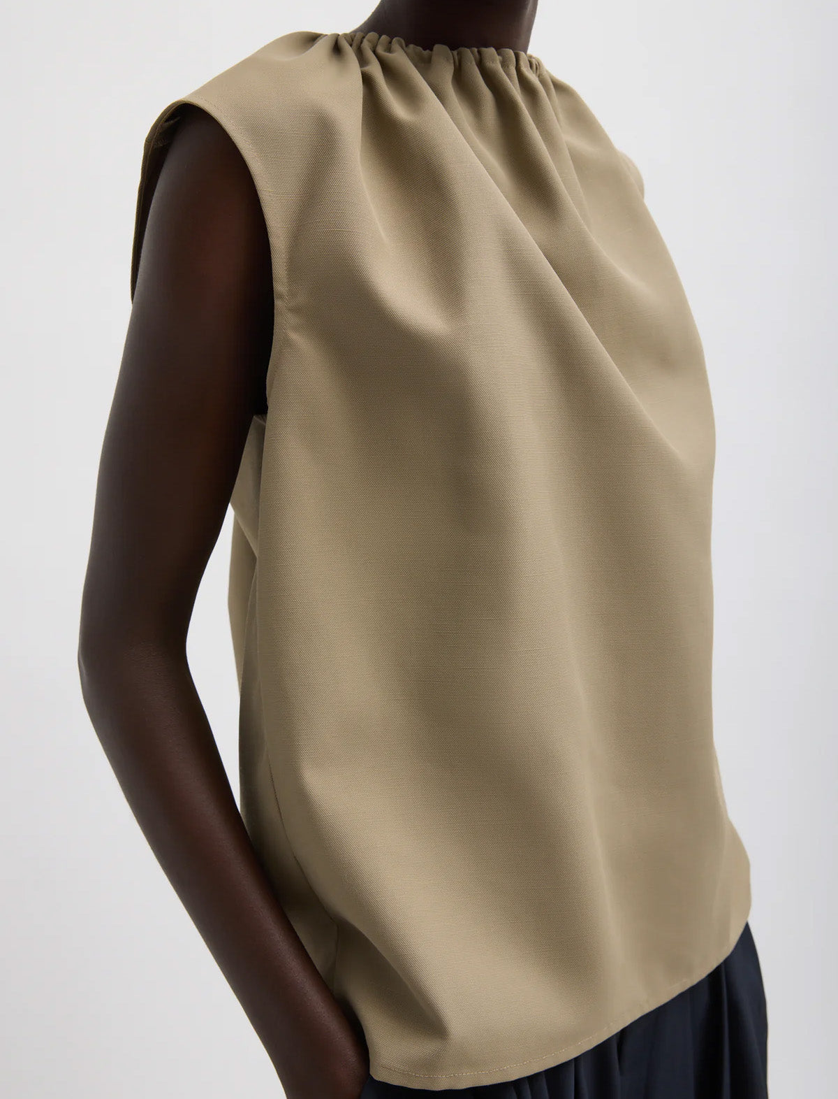 TIBI Lotte Nylon Shirred Neck Top in Khaki