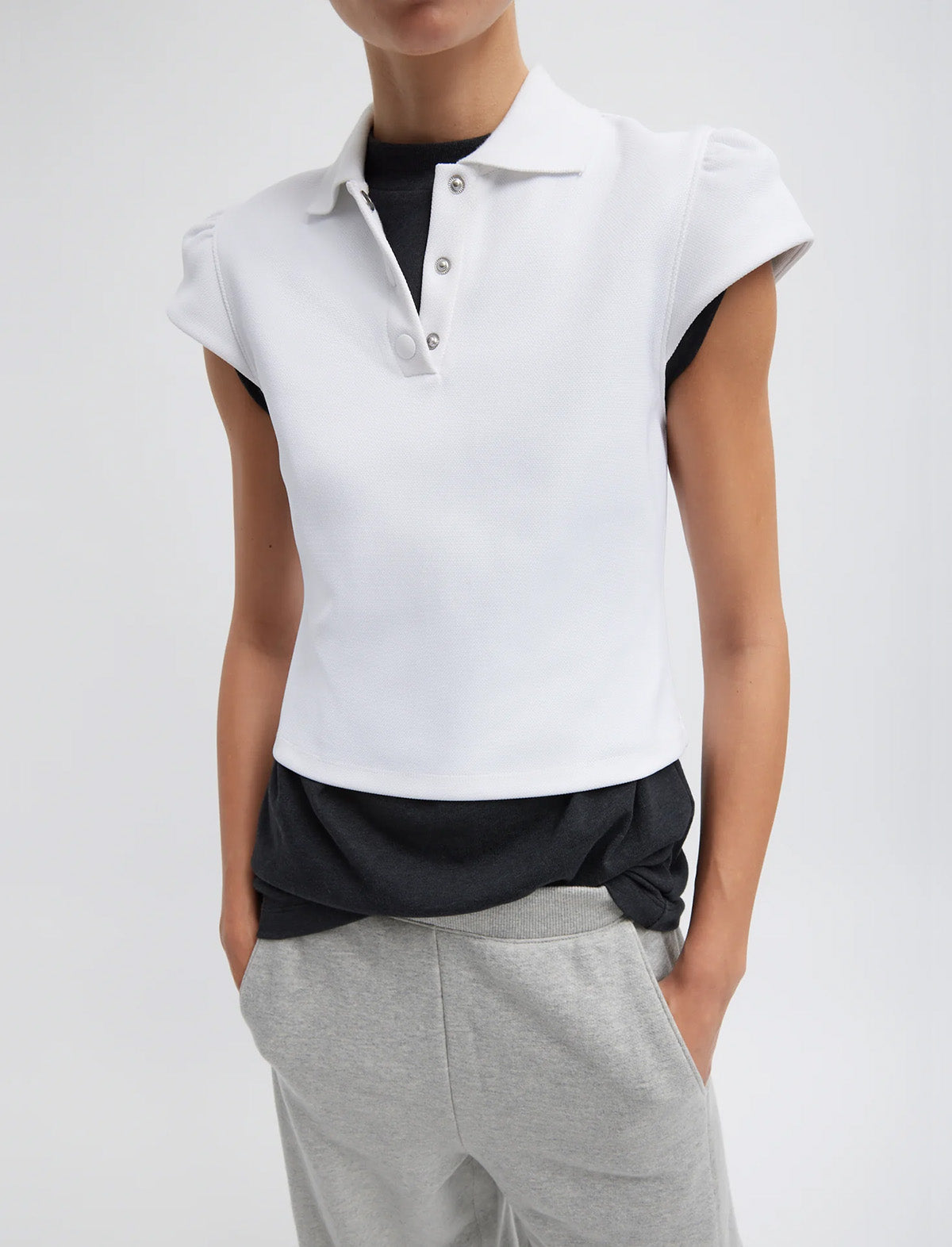 TIBI Luxe Pique Shrunken Polo Shirt in White