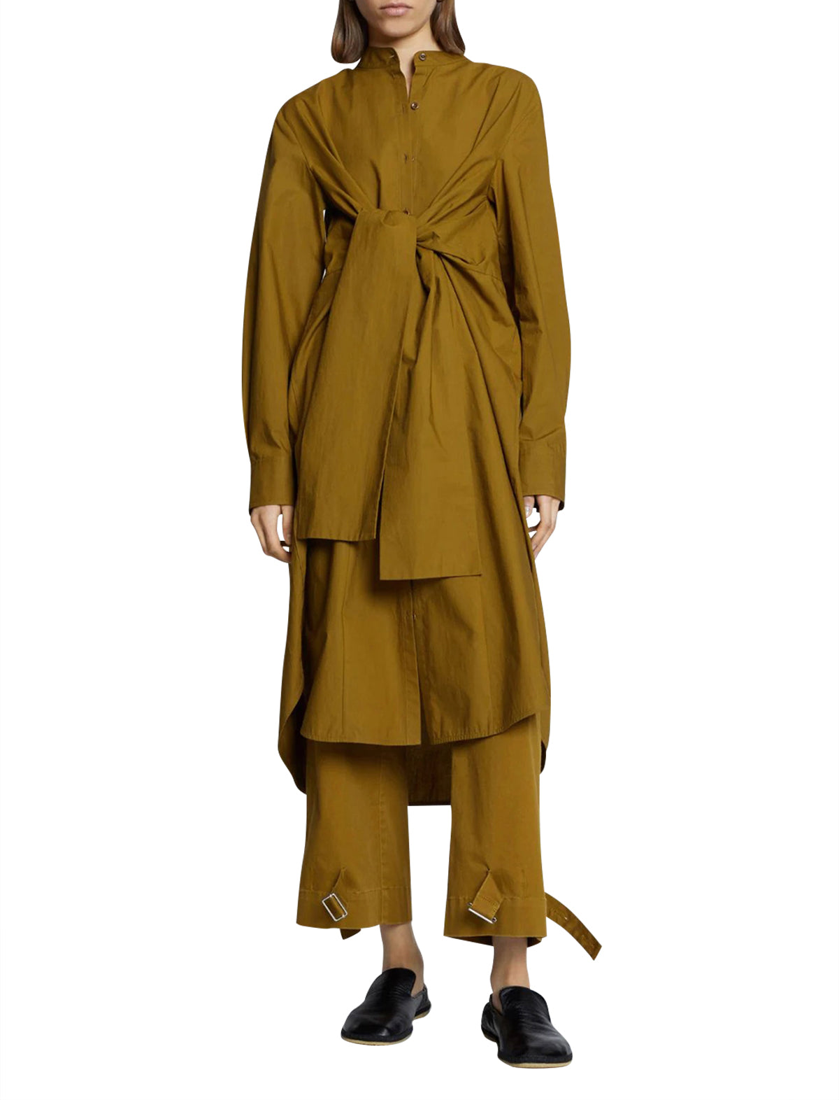 PROENZA SCHOULER WHITE LABEL Poplin Waist-tie Shirt Dress in Olive