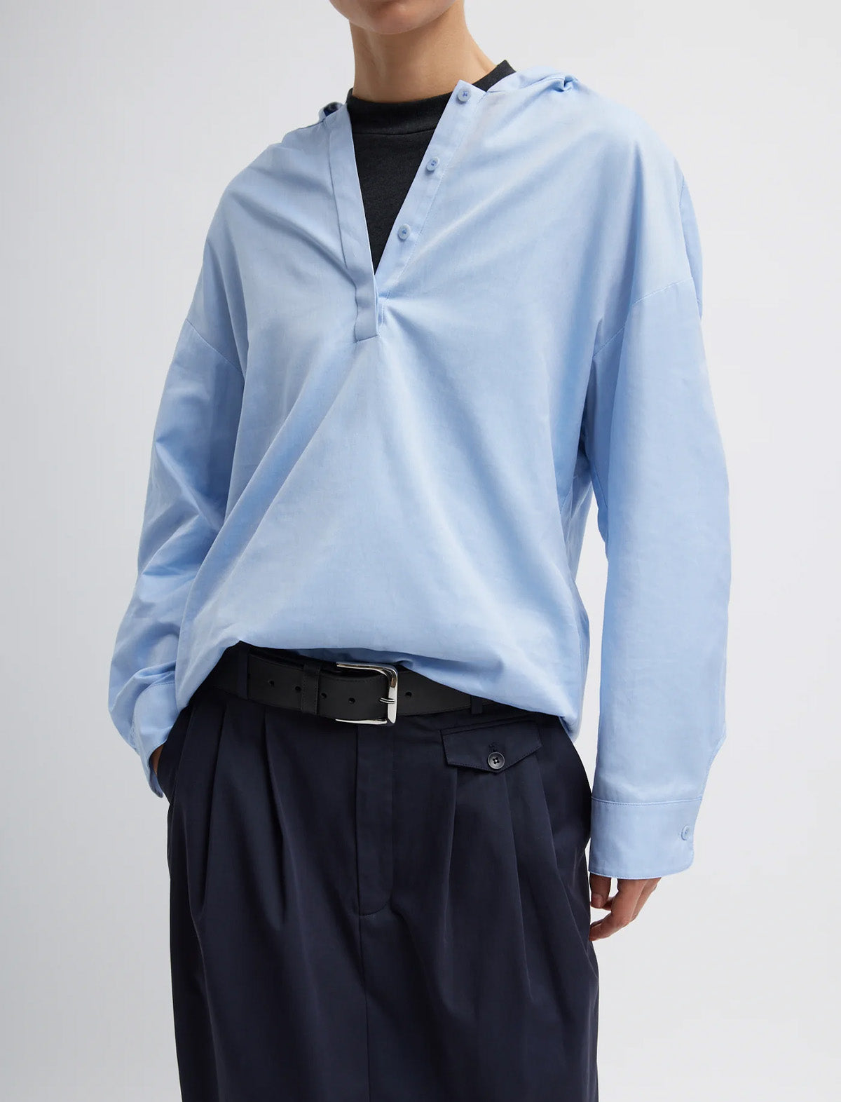 TIBI Oxford Shirting Hooded Shirt in Light Blue
