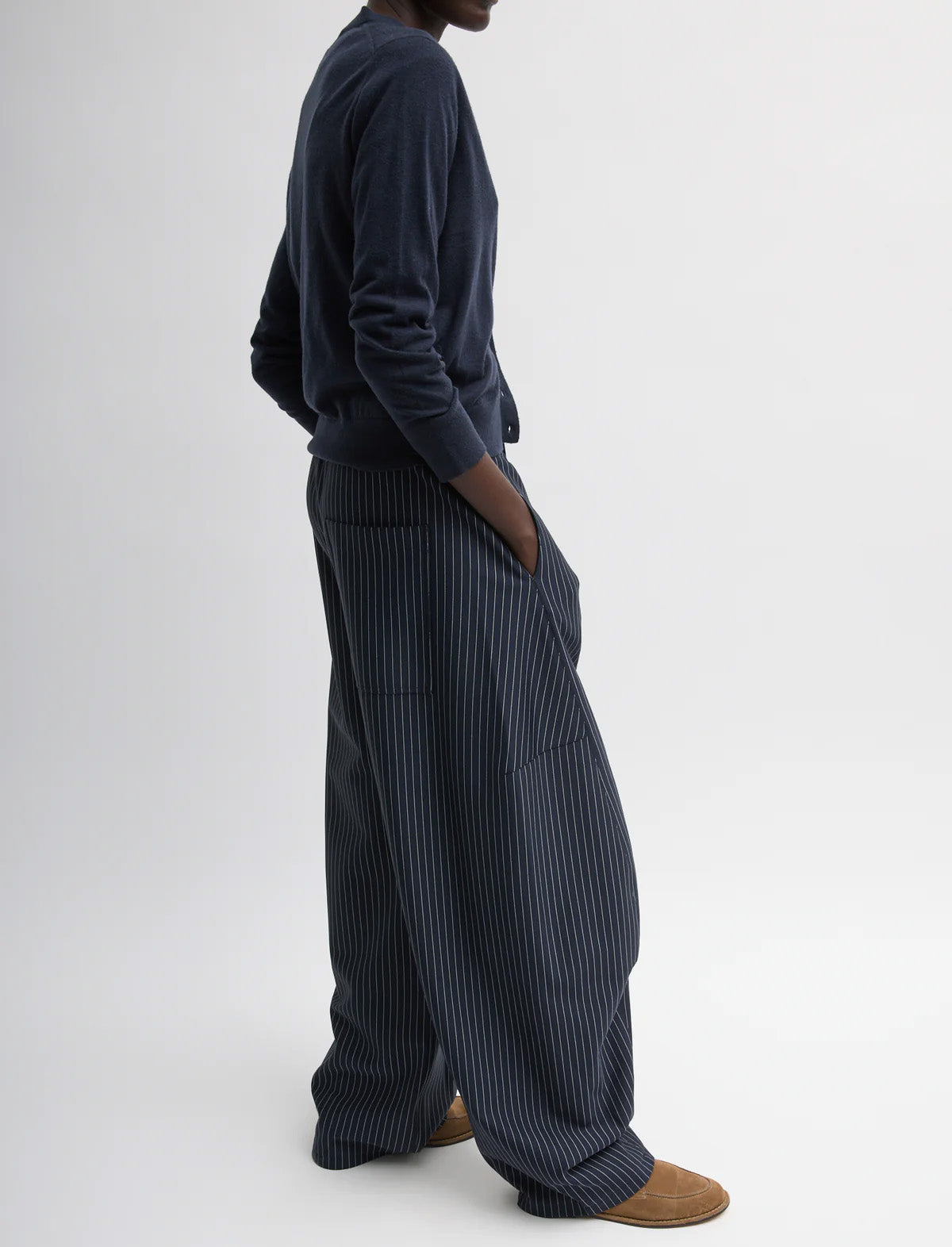TIBI Pinstripe Active Knit Winslow Pant in Navy Multi