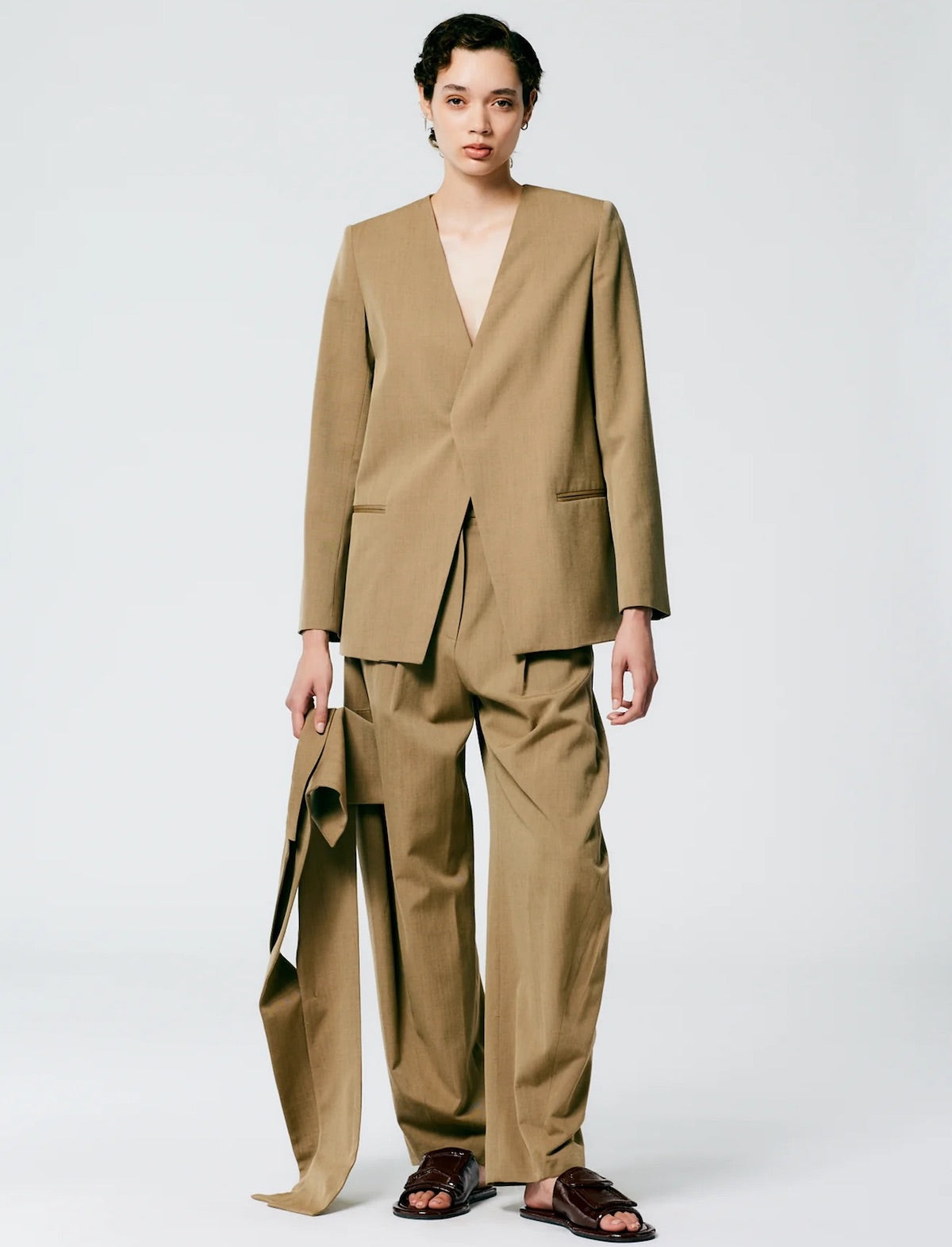 TIBI Refined Wool Tricotine Suiting Blazer in Tan