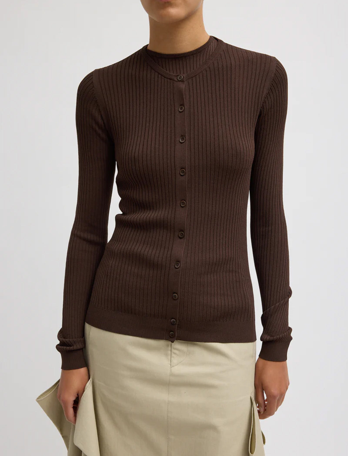 TIBI Ribbed Sweater Slim Cardigan in Hickory Brown