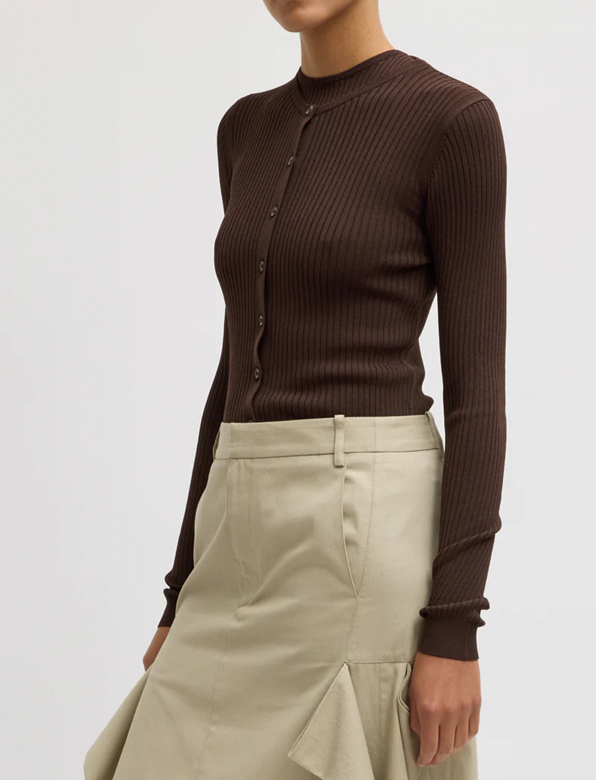 TIBI Ribbed Sweater Slim Cardigan in Hickory Brown