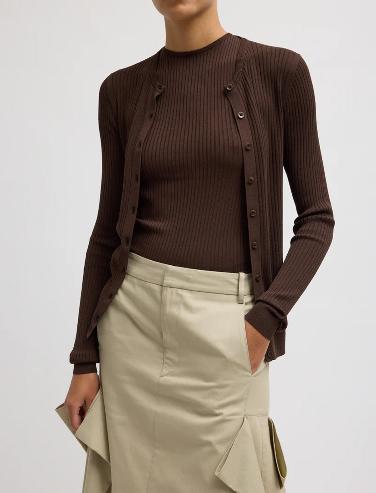 TIBI Ribbed Sweater Slim Cardigan in Hickory Brown