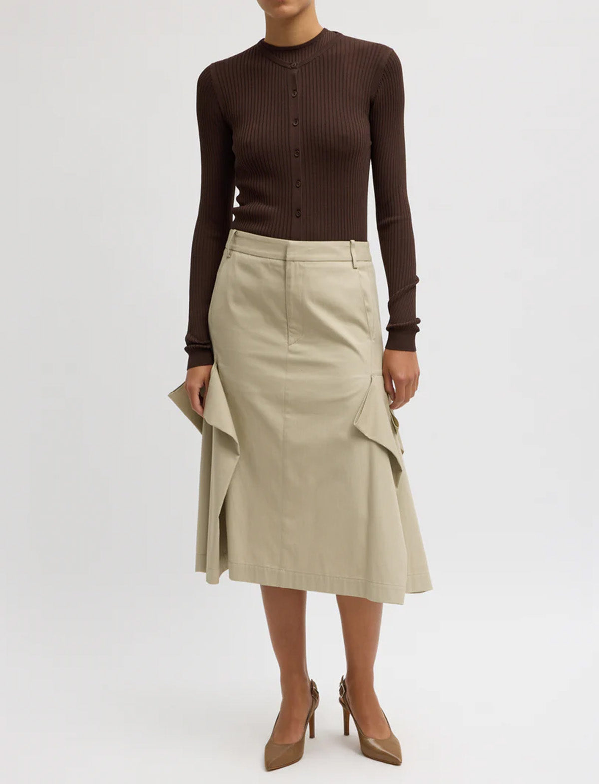 TIBI Ribbed Sweater Slim Cardigan in Hickory Brown