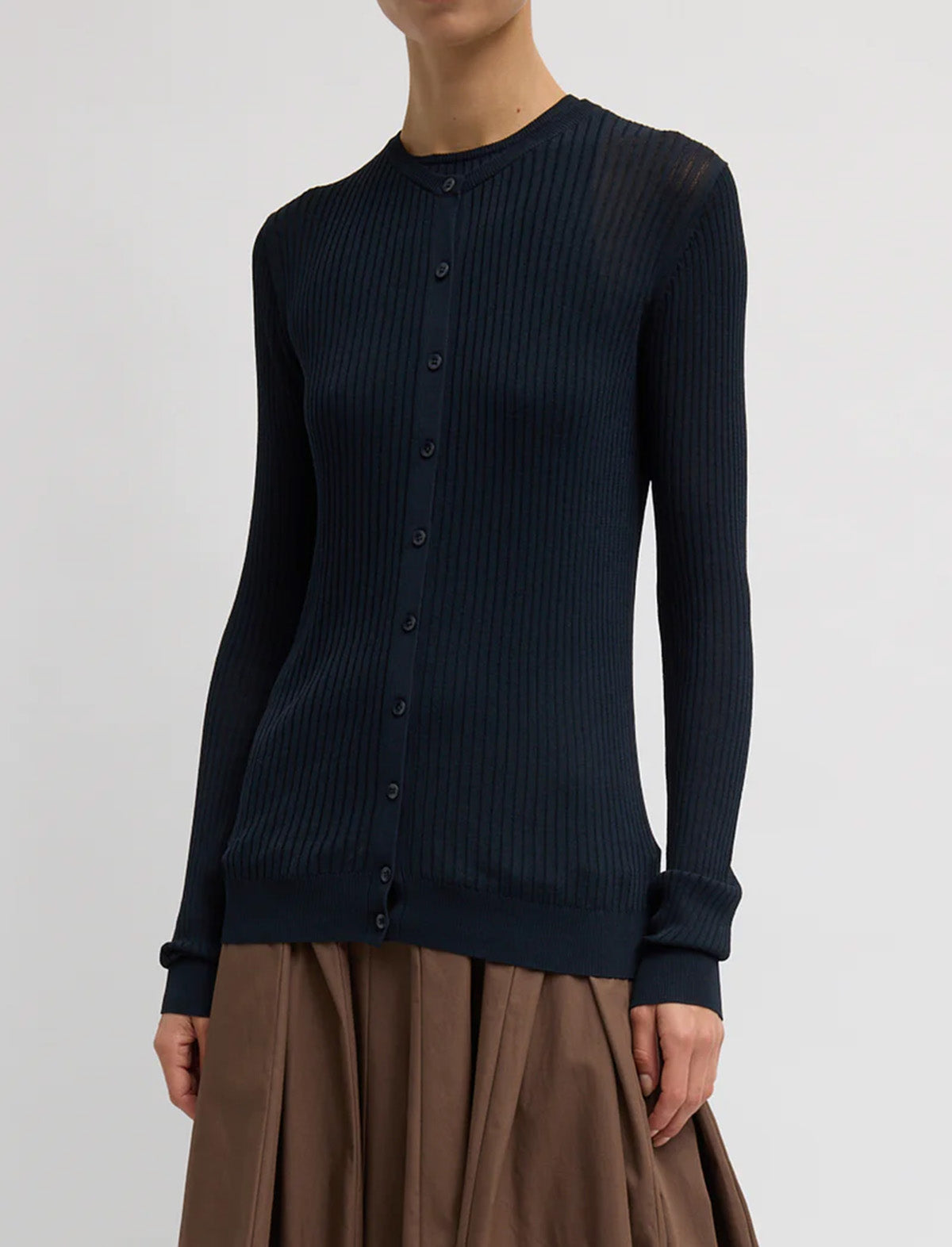TIBI Ribbed Sweater Slim Cardigan in Navy