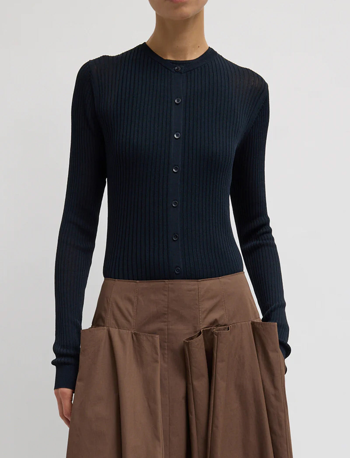 TIBI Ribbed Sweater Slim Cardigan in Navy