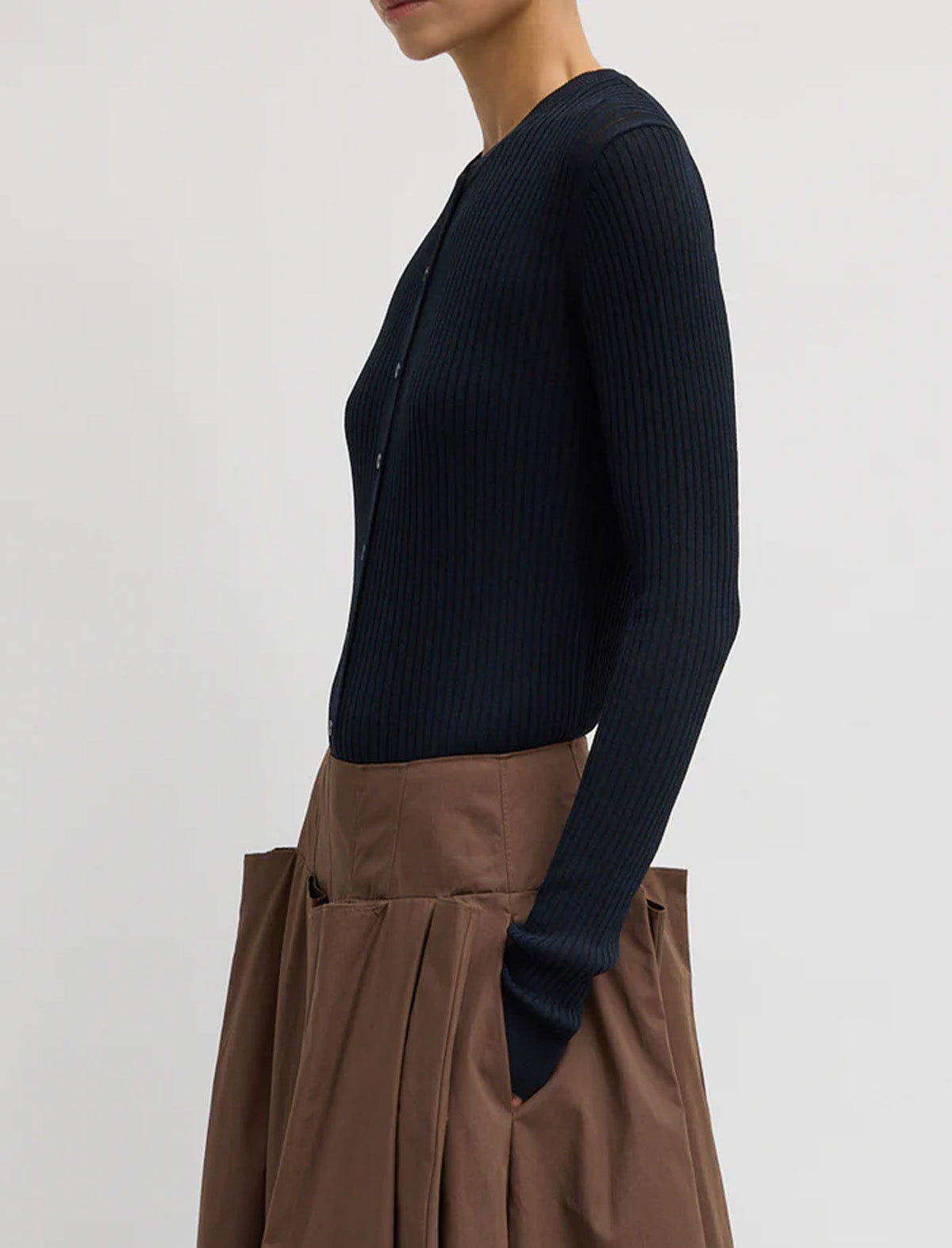 TIBI Ribbed Sweater Slim Cardigan in Navy