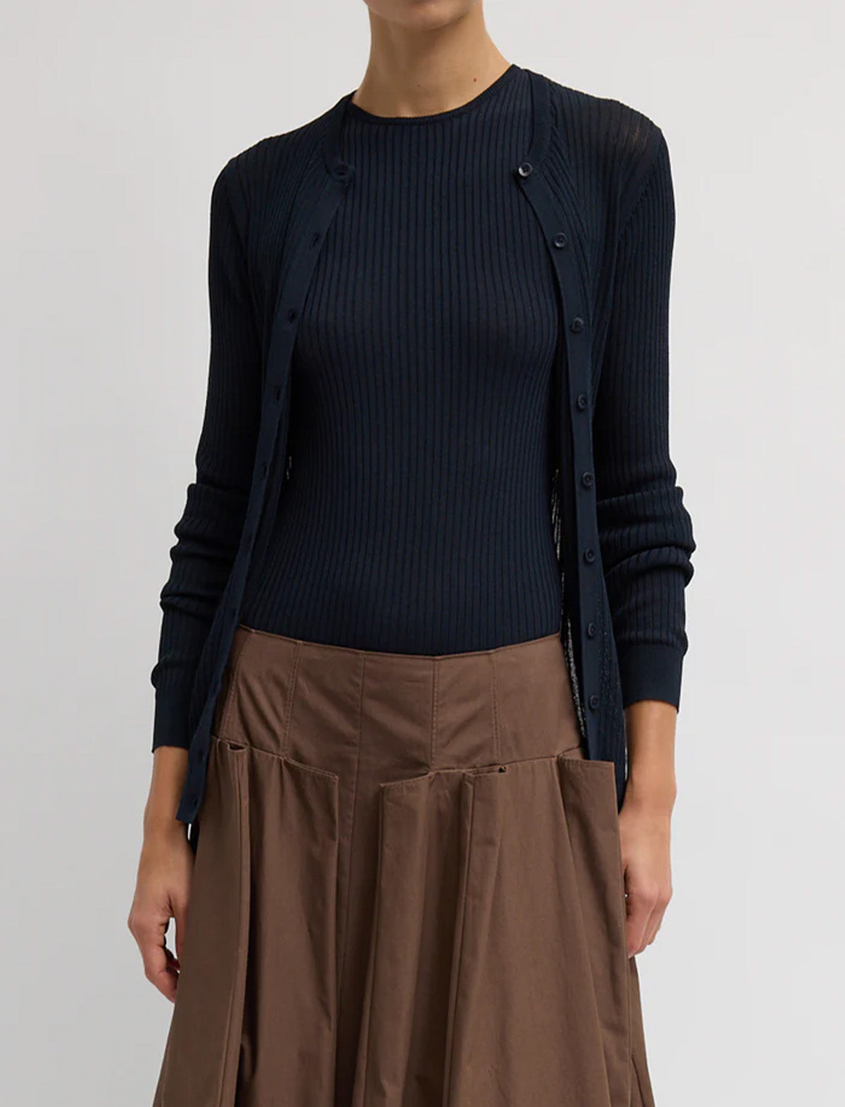 TIBI Ribbed Sweater Slim Cardigan in Navy