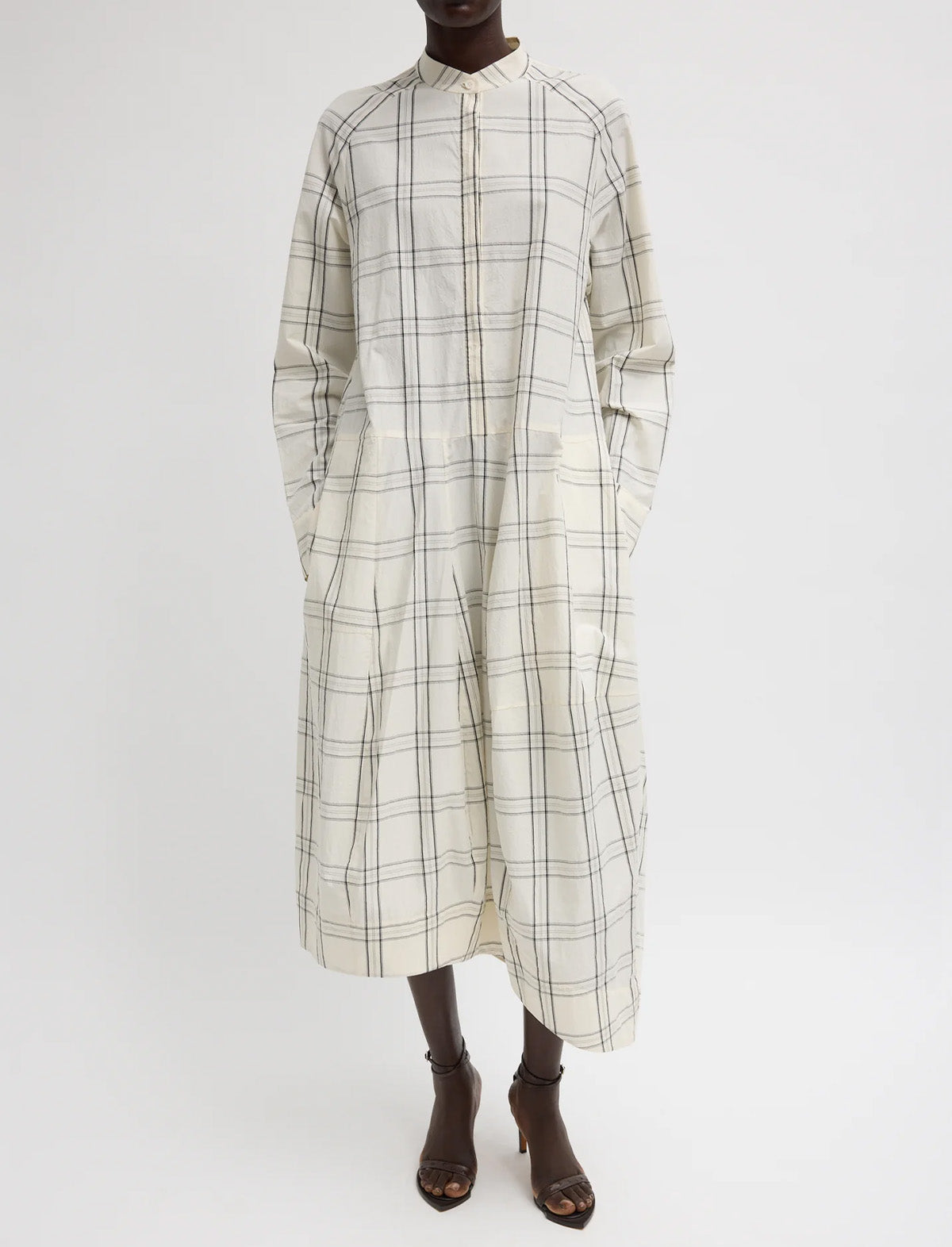 TIBI Russel Plaid Balloon Dress in Ivory/Black Multi