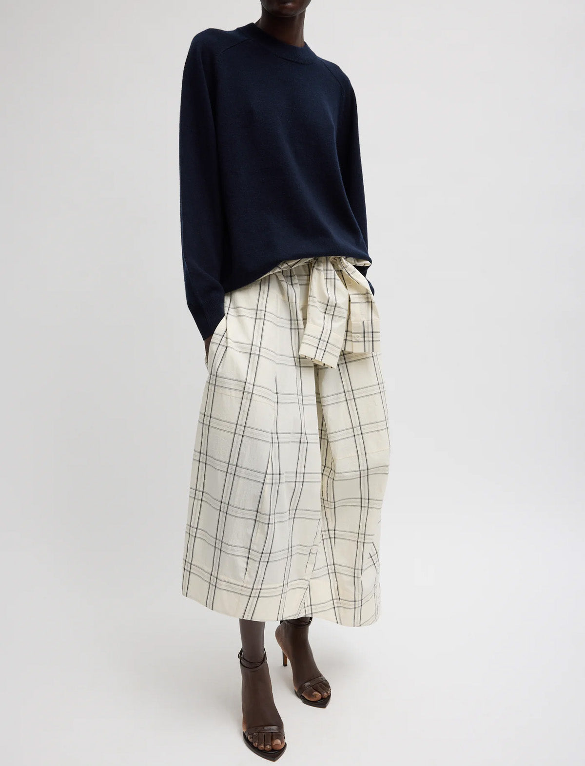 TIBI Russel Plaid Balloon Dress in Ivory/Black Multi