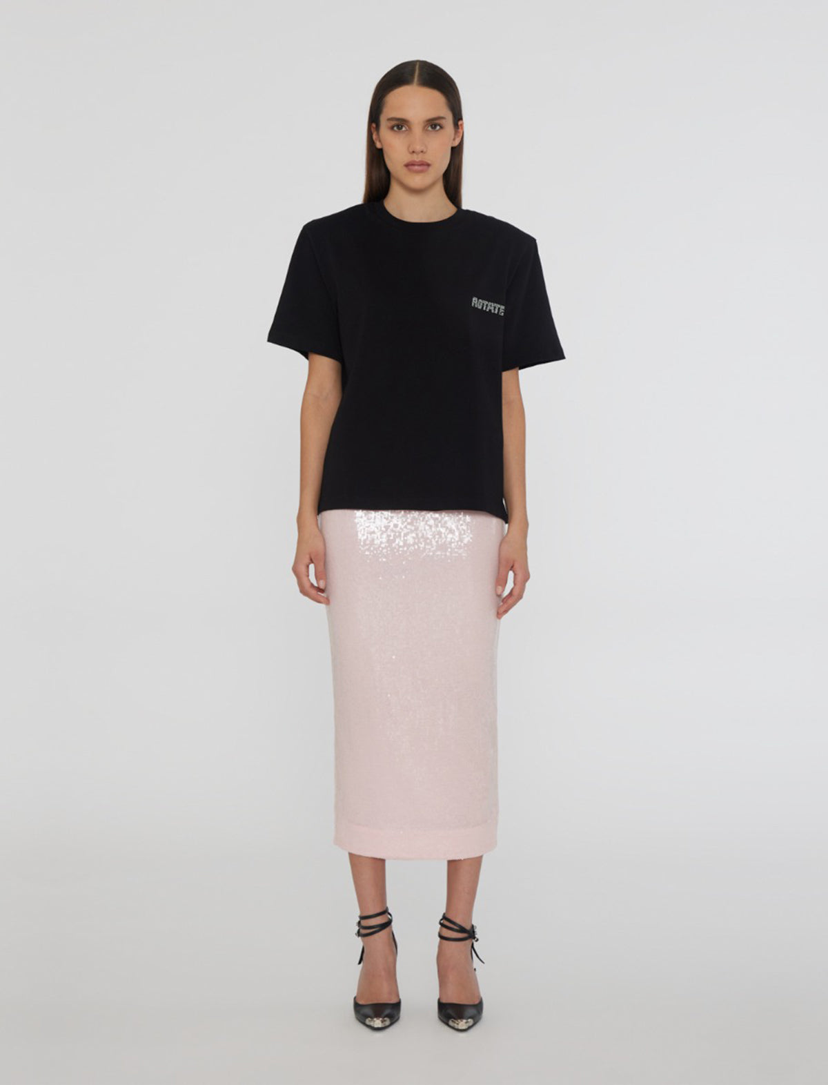 ROTATE BIRGER CHRISTENSEN Sequin Midi Pencil Skirt in Orchid Pink