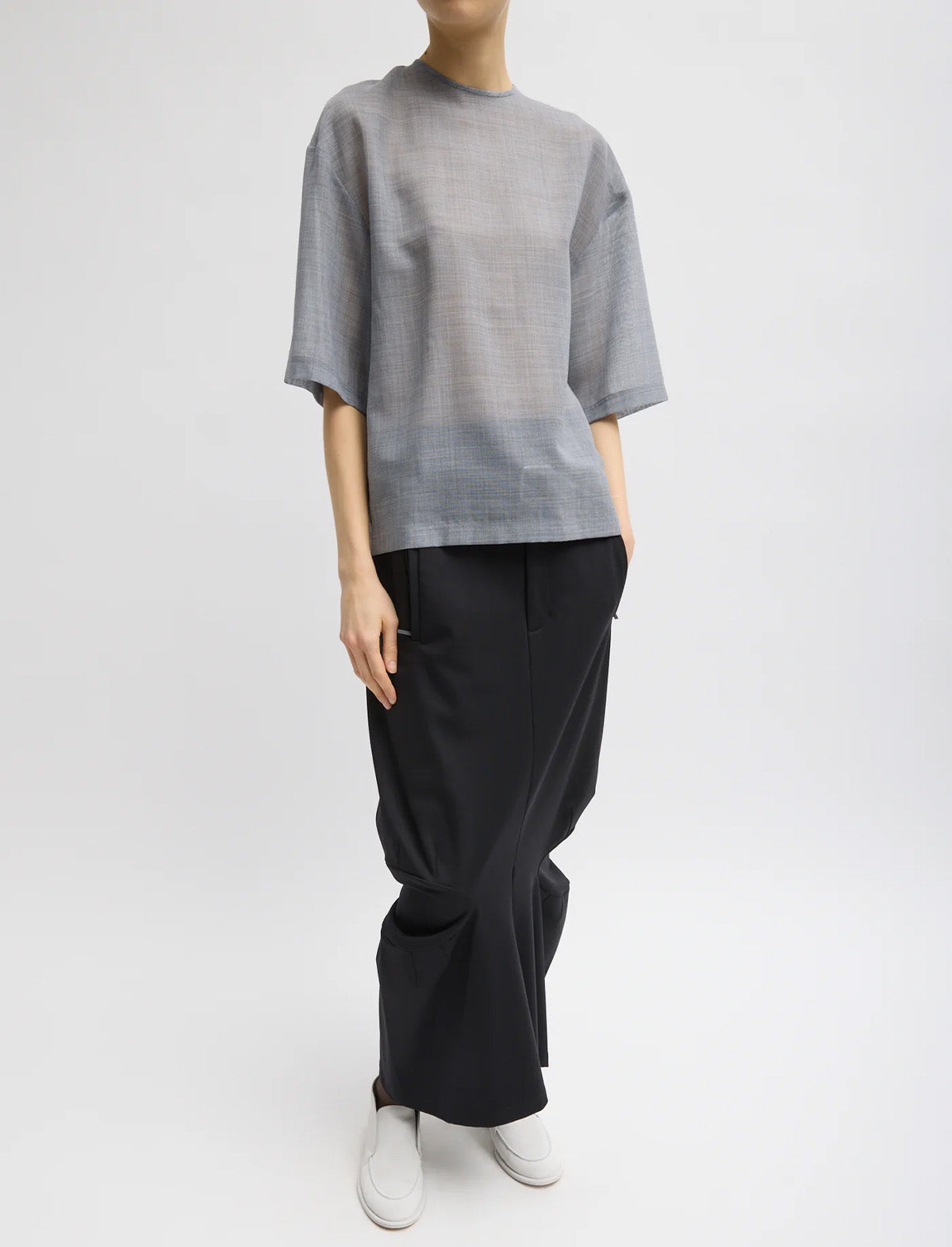 TIBI Sheer Wool Gauze Easy T-Shirt in Heather Grey