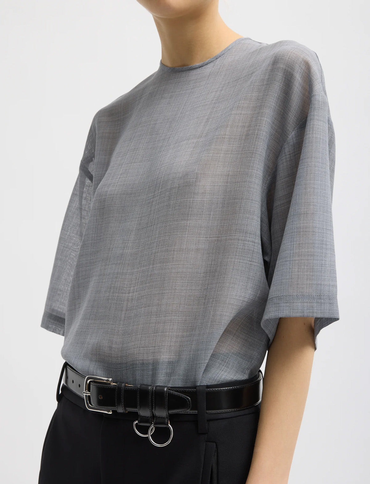 TIBI Sheer Wool Gauze Easy T-Shirt in Heather Grey