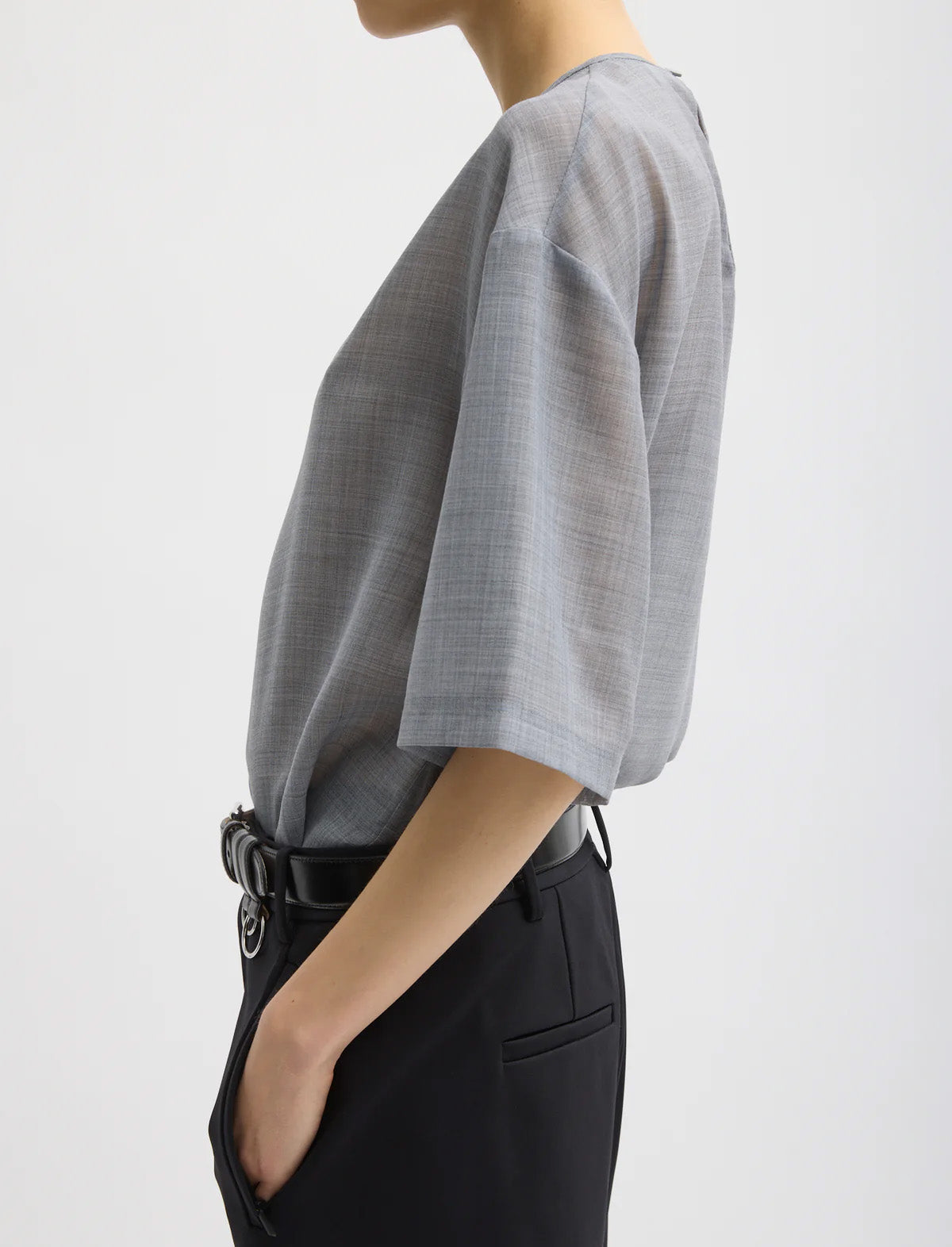 TIBI Sheer Wool Gauze Easy T-Shirt in Heather Grey