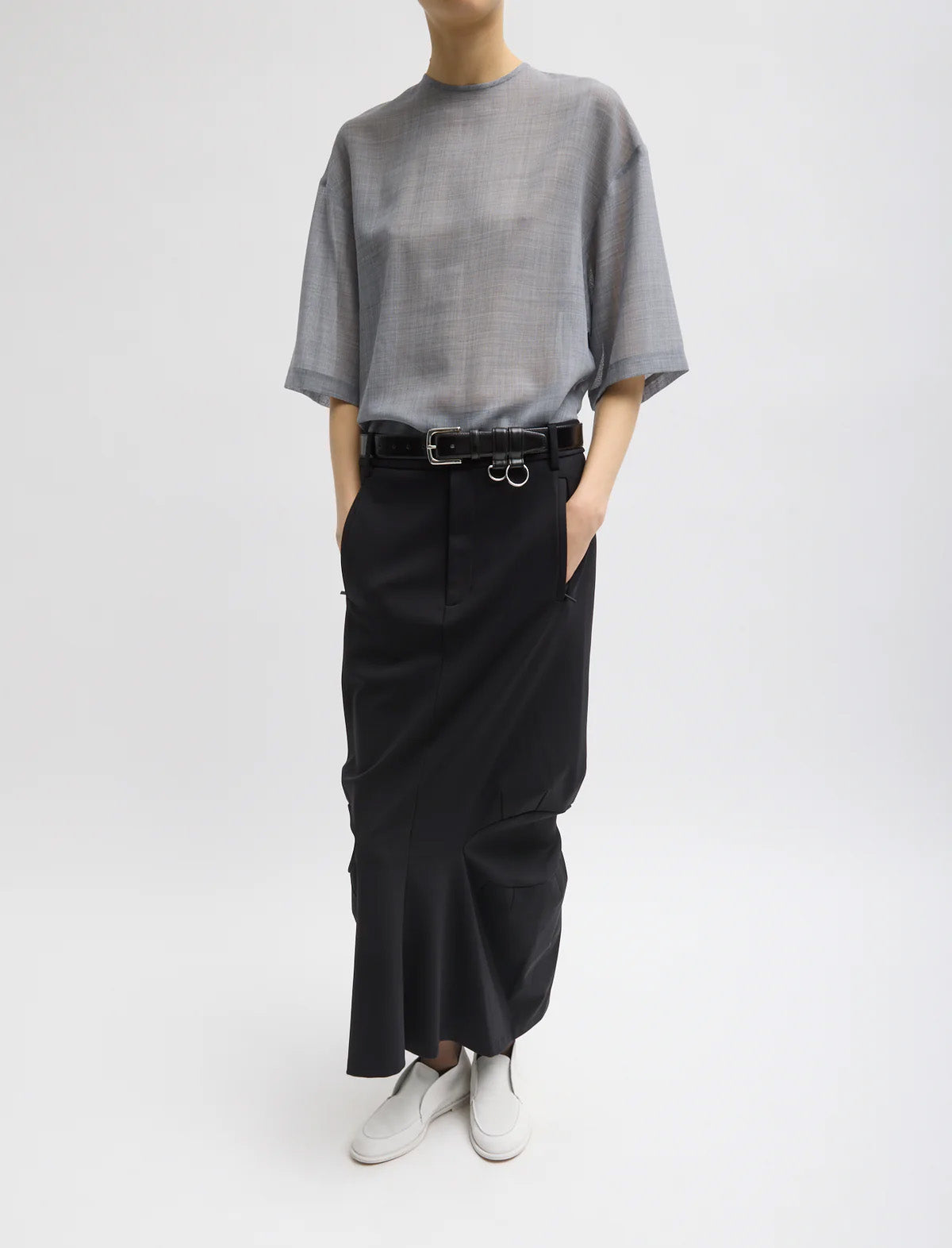 TIBI Sheer Wool Gauze Easy T-Shirt in Heather Grey
