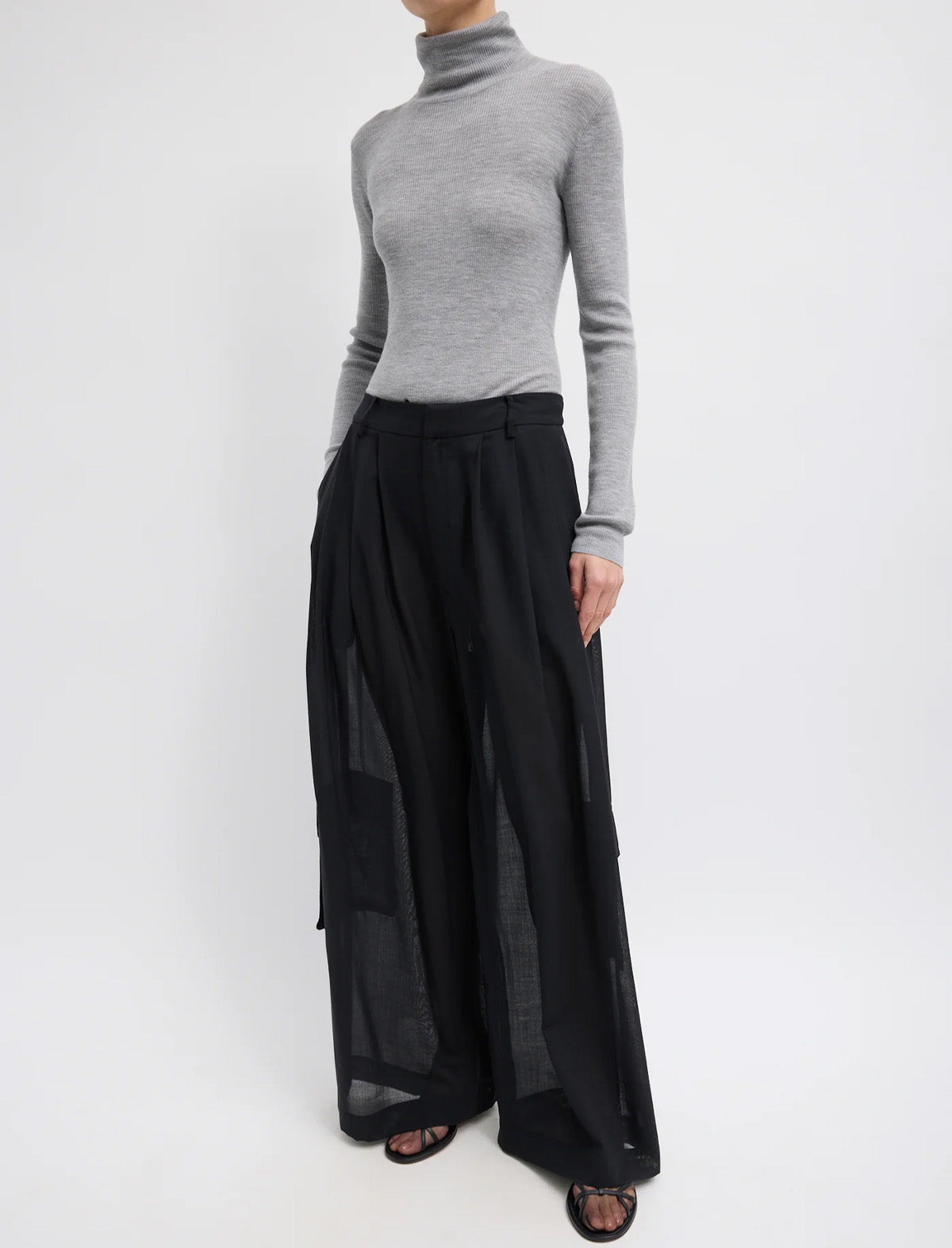 TIBI Sheer Wool Gauze Triple Pleat Pant in Black