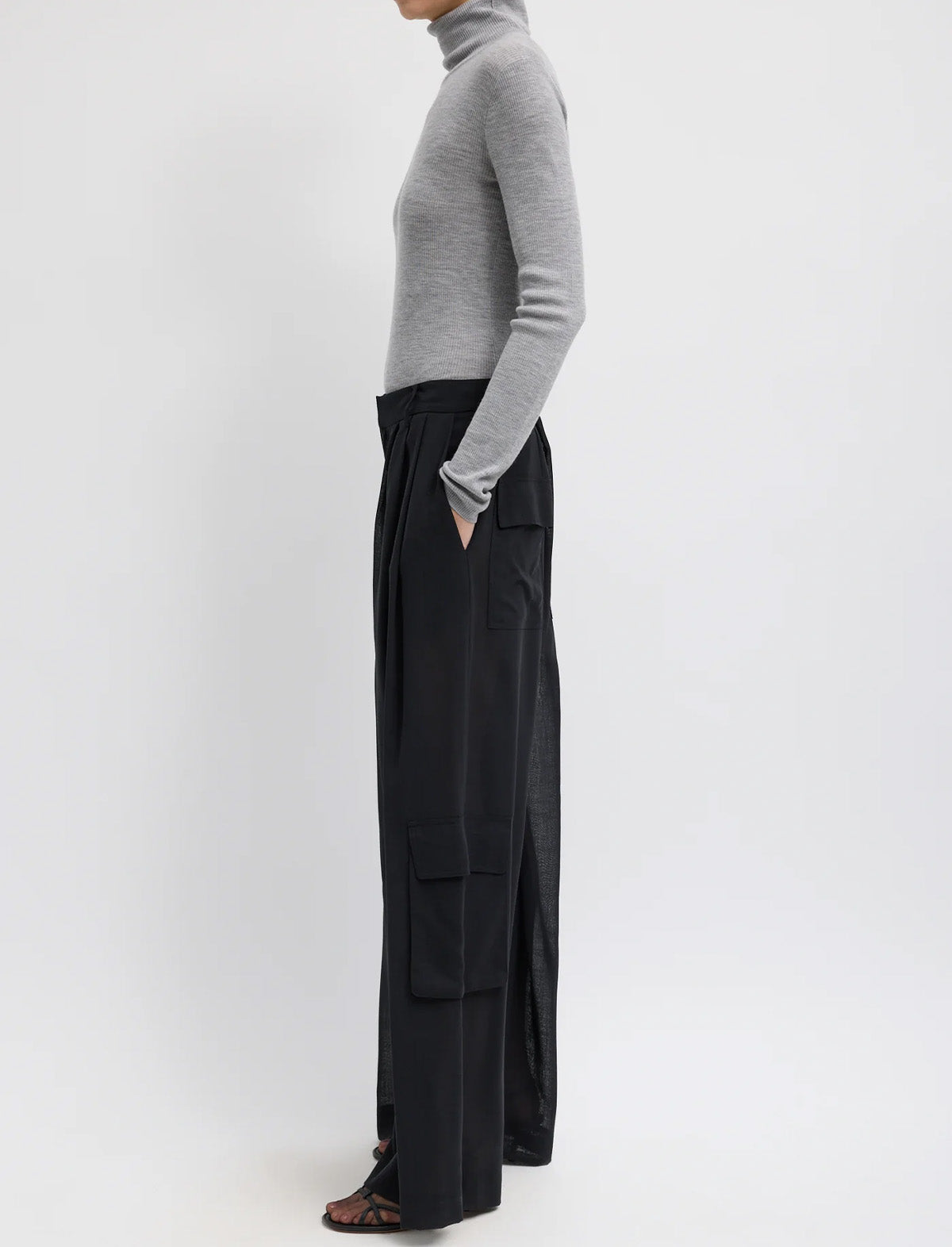 TIBI Sheer Wool Gauze Triple Pleat Pant in Black