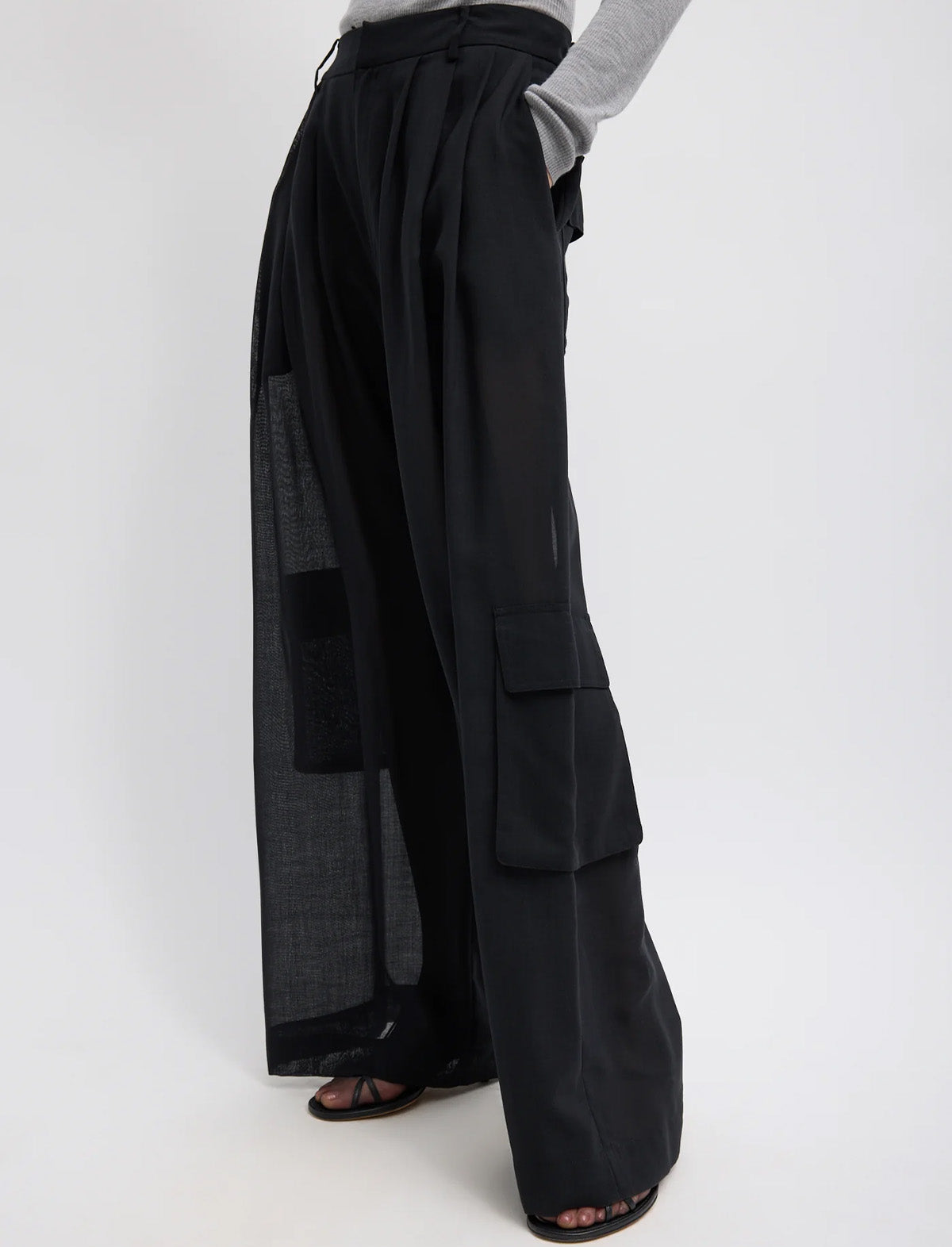 TIBI Sheer Wool Gauze Triple Pleat Pant in Black