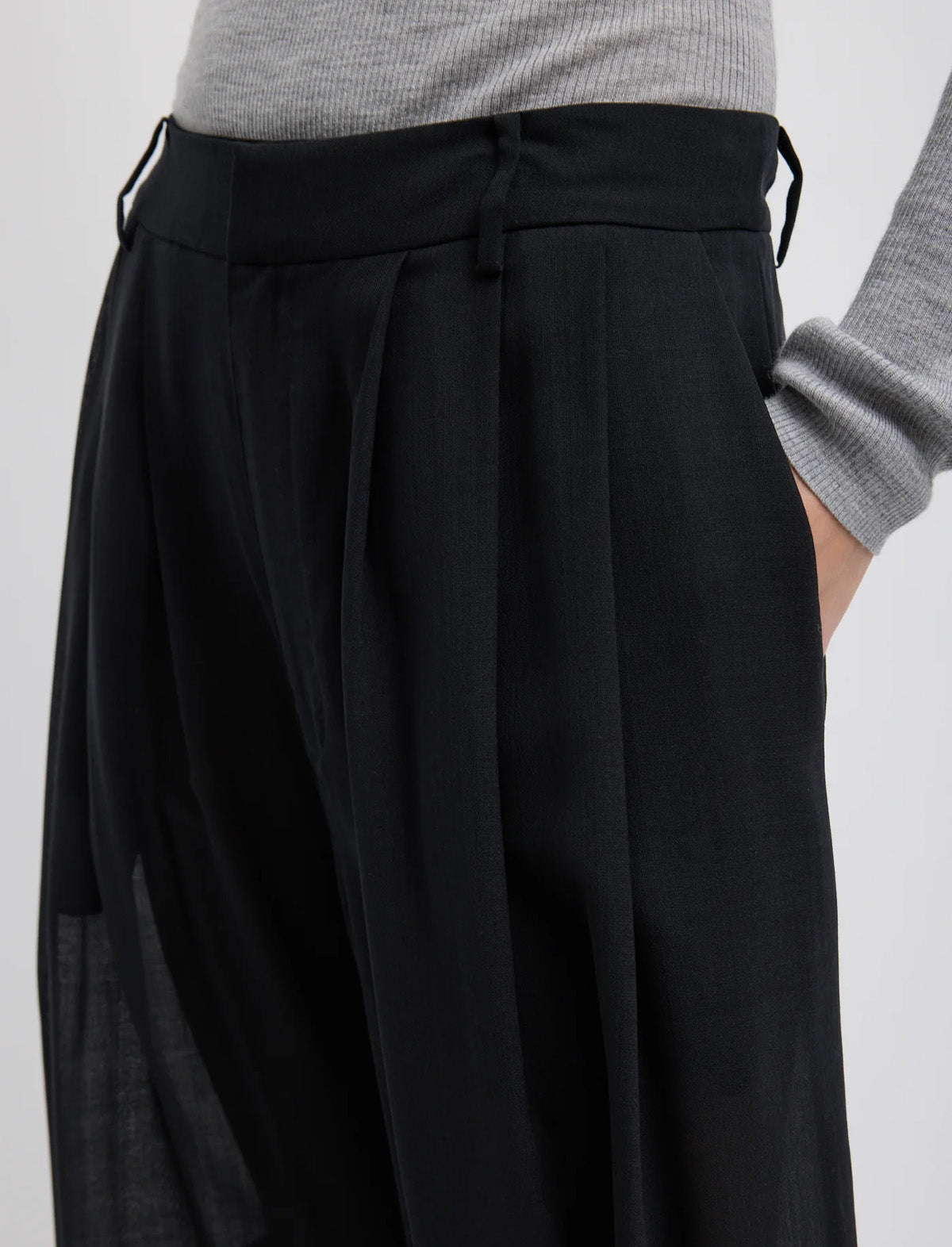 TIBI Sheer Wool Gauze Triple Pleat Pant in Black