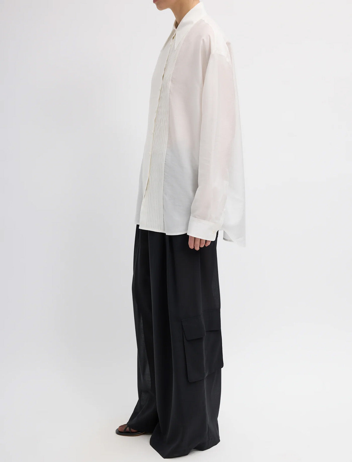 TIBI Sheer Wool Gauze Triple Pleat Pant in Black