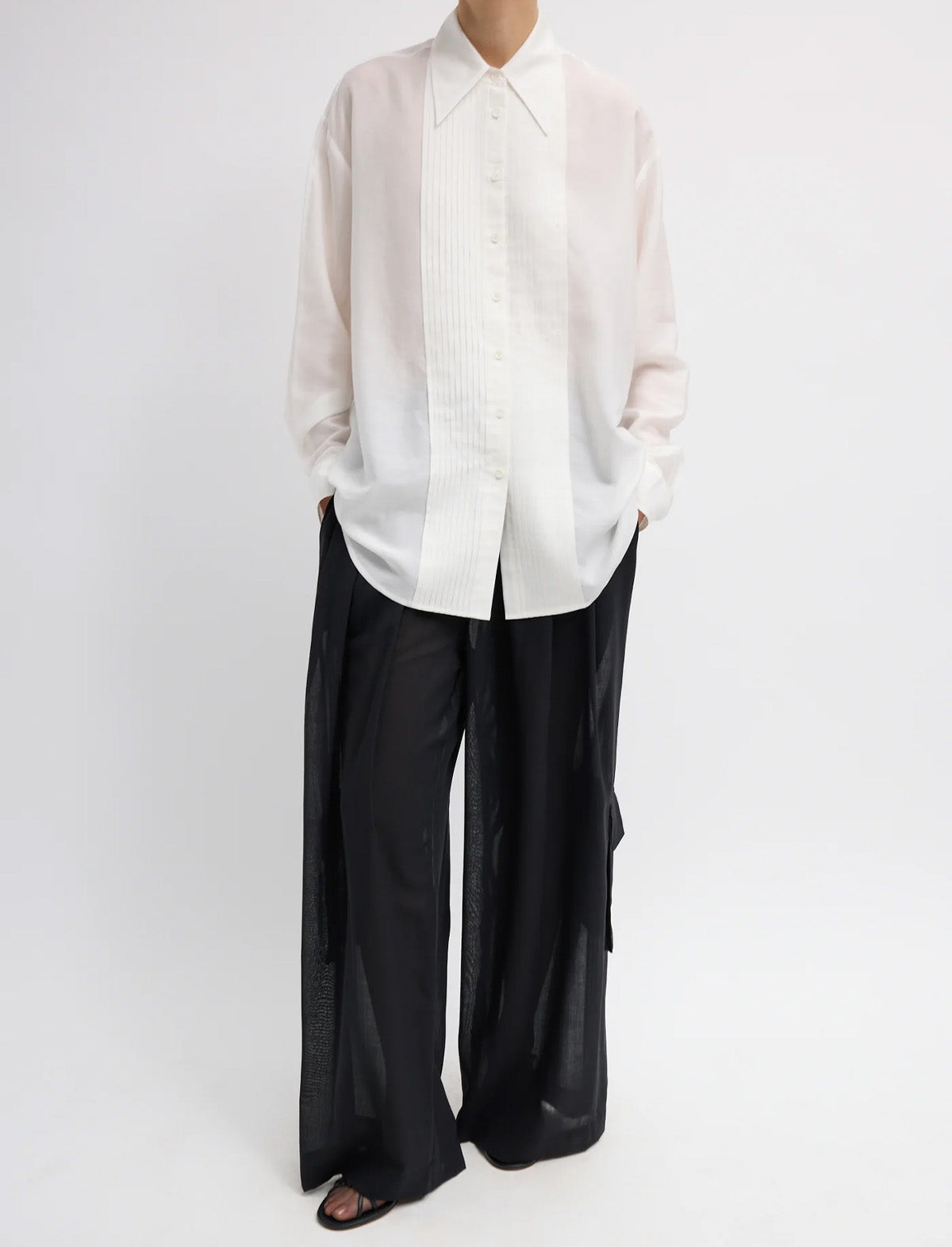 TIBI Sheer Wool Gauze Triple Pleat Pant in Black