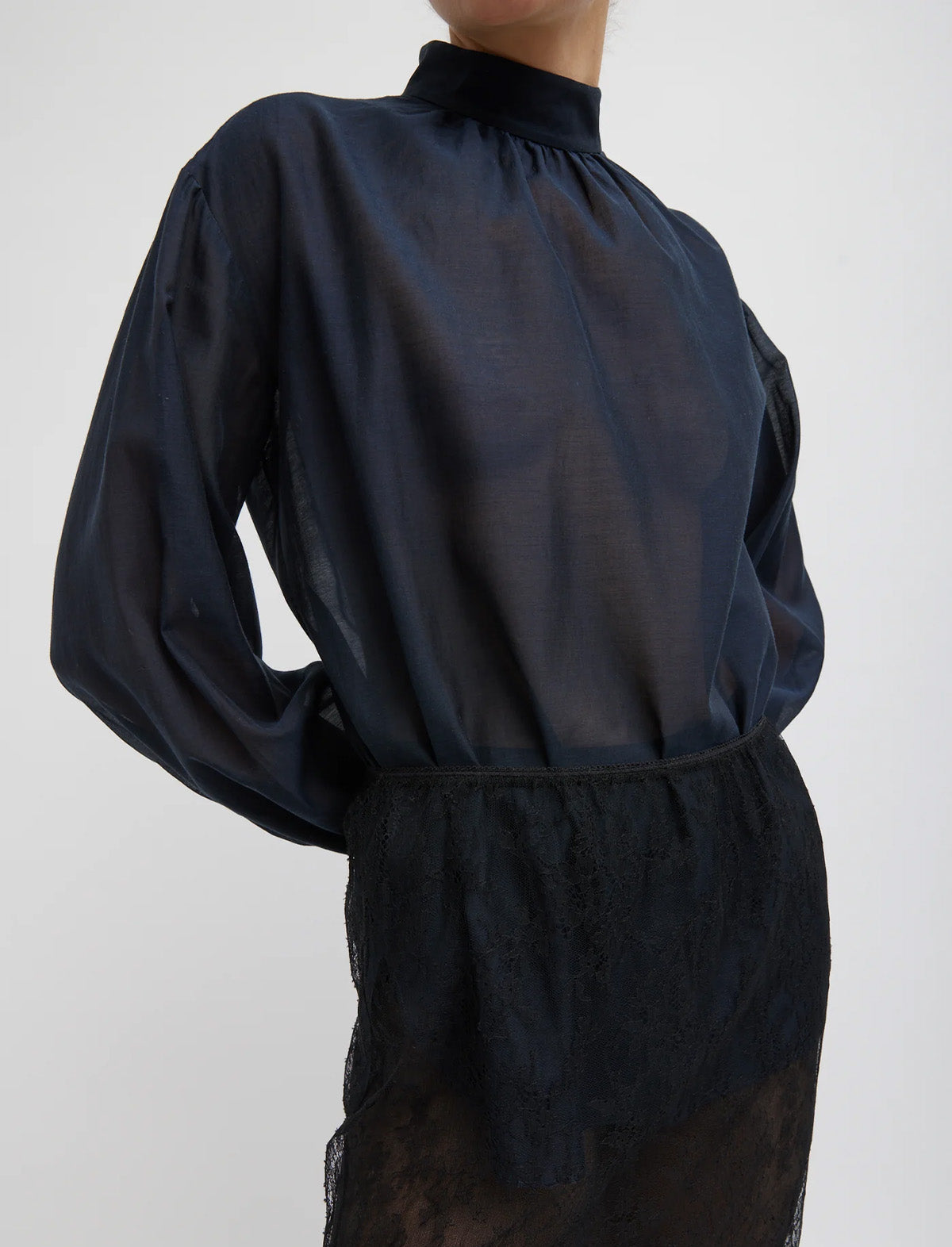 TIBI Silk Cotton Shirred Neck Blouse in Navy