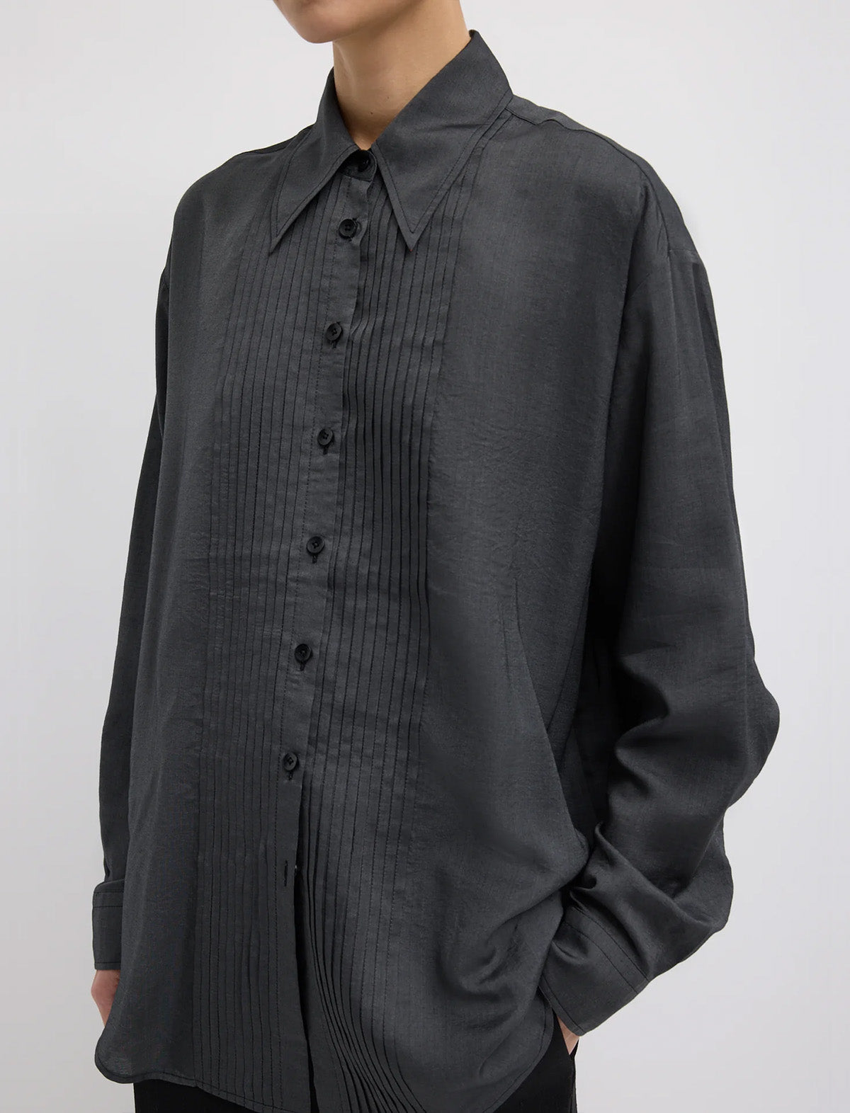 TIBI Silk Voile Easy Pintucked Shirt in Graphite