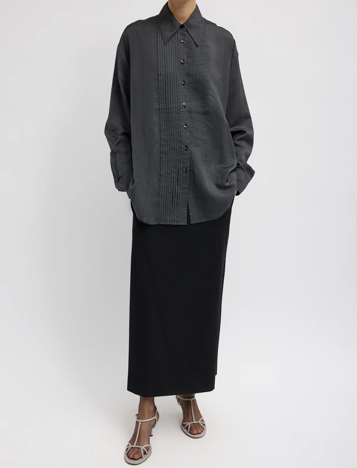 TIBI Silk Voile Easy Pintucked Shirt in Graphite