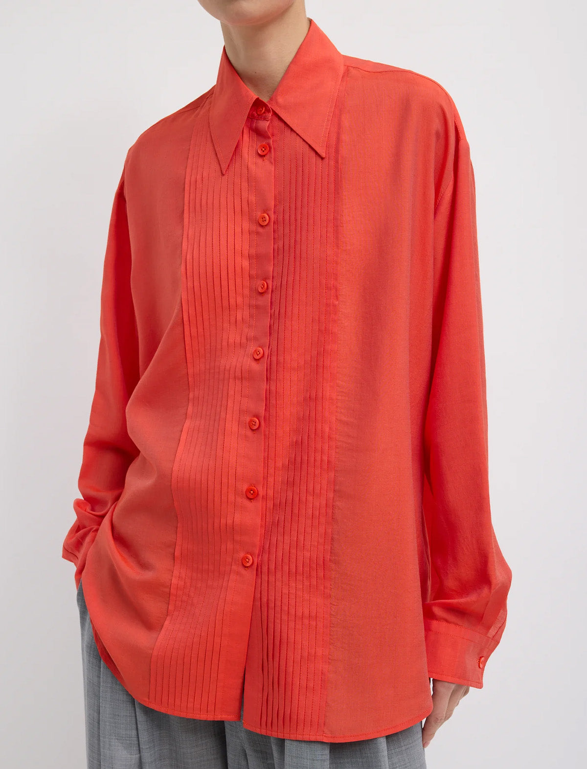 TIBI Silk Voile Easy Pintucked Shirt in Red