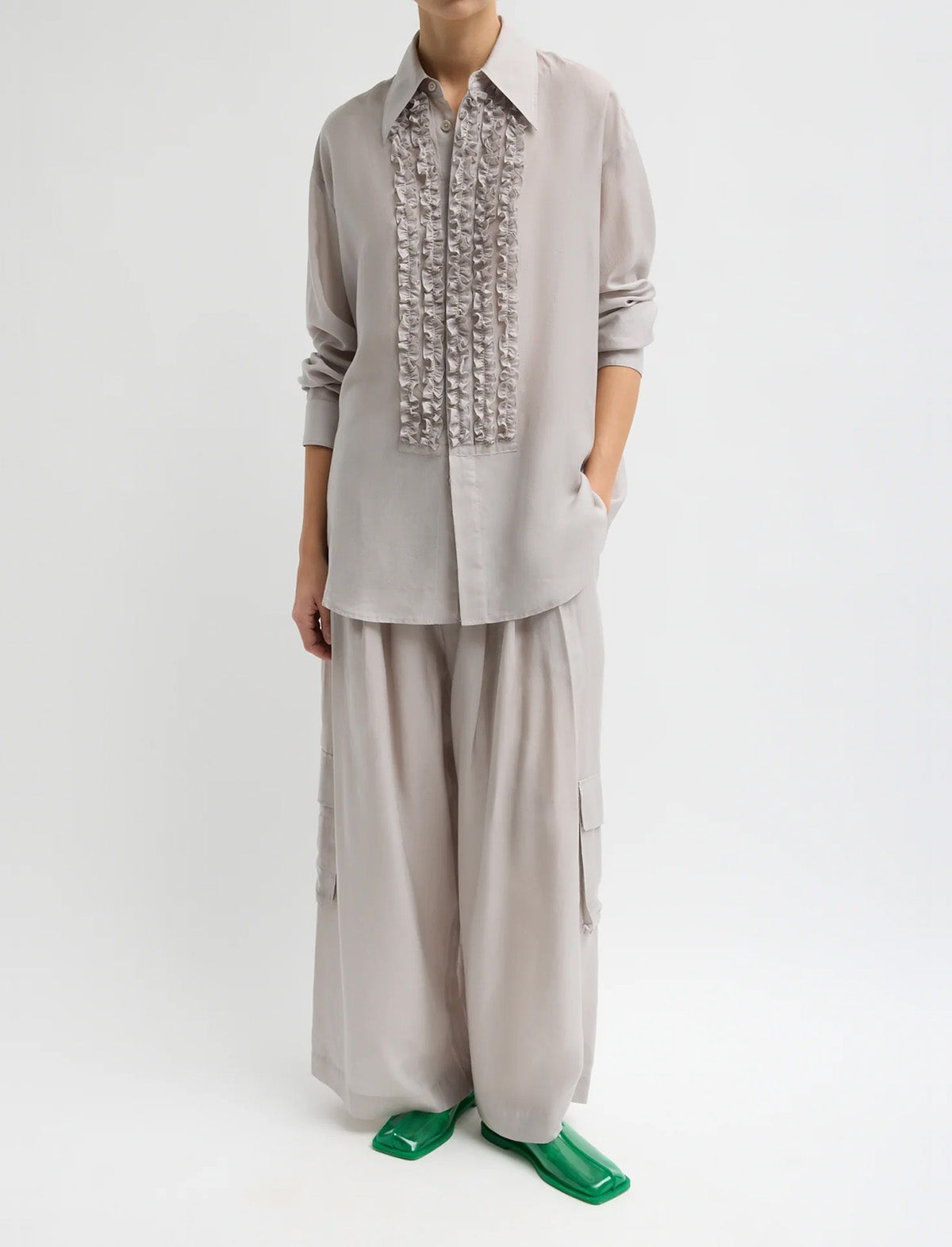 TIBI Silk Voile Easy Tuxedo Shirt in Stone