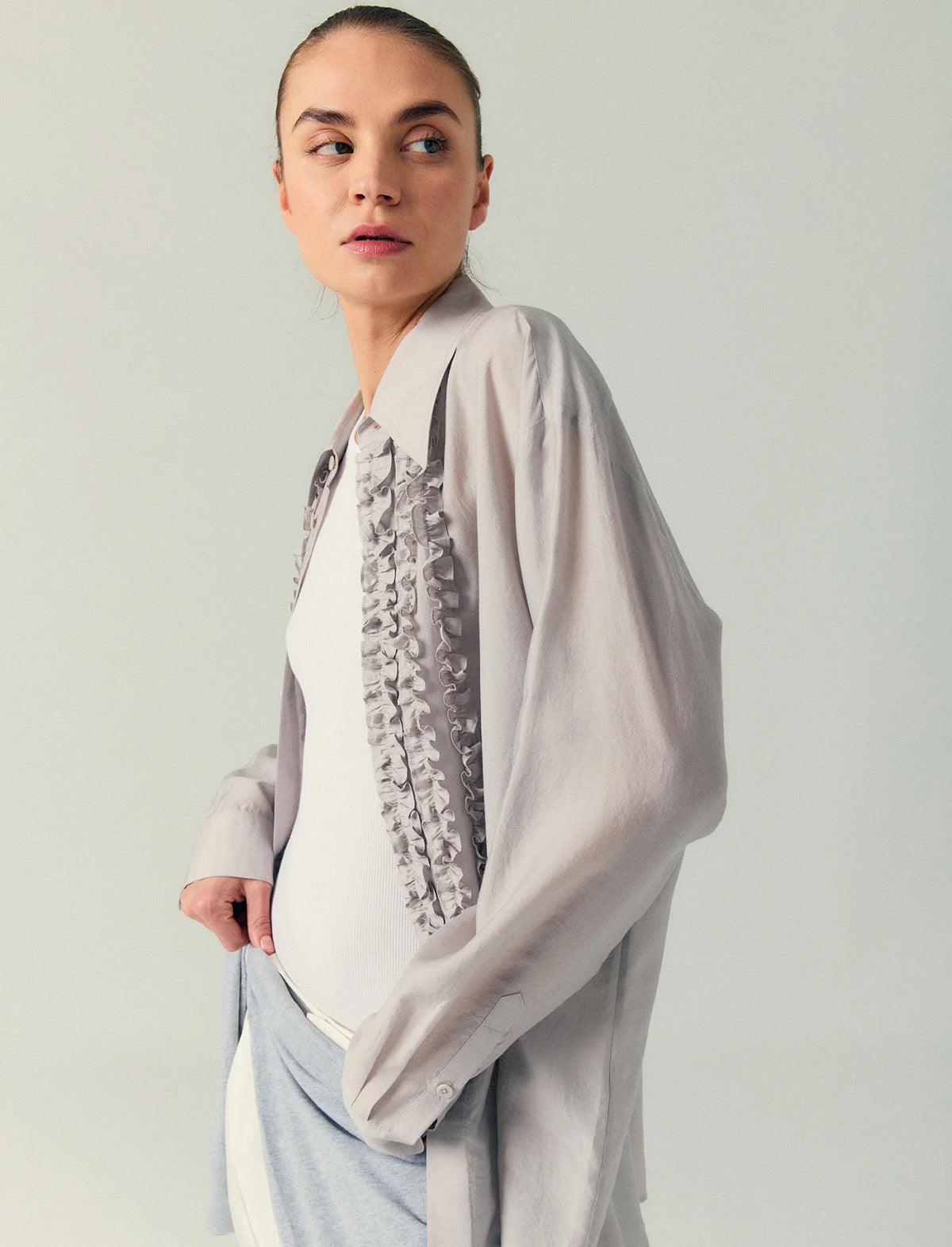 TIBI Silk Voile Easy Tuxedo Shirt in Stone