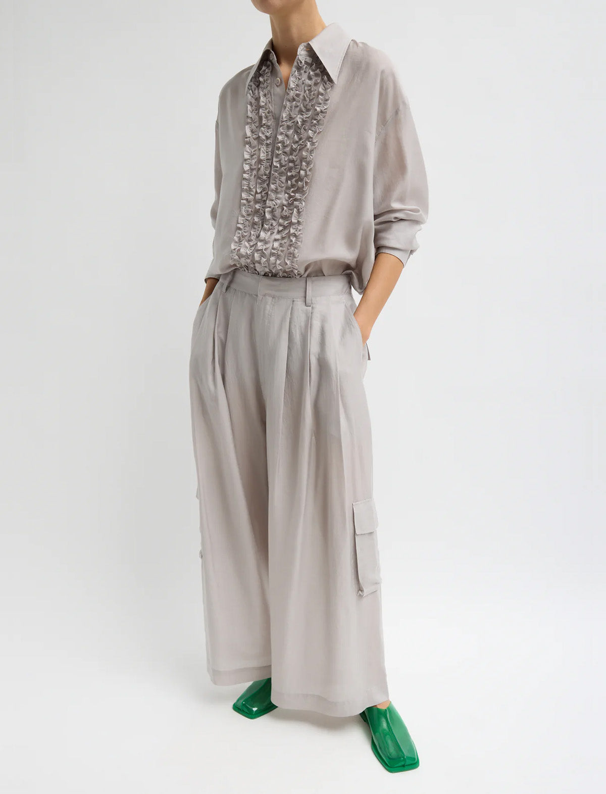 TIBI Silk Voile Easy Tuxedo Shirt in Stone