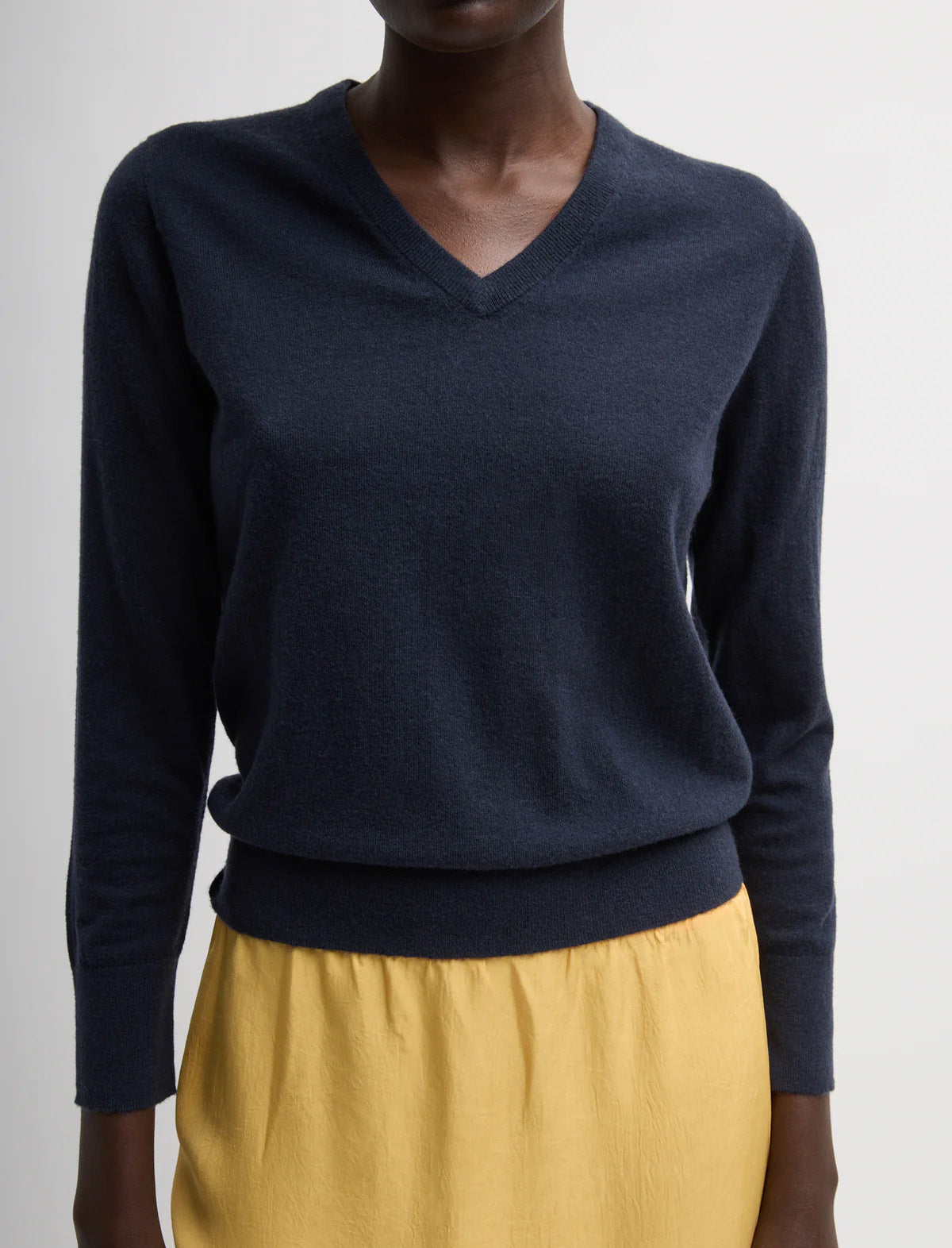 TIBI Skinlike Mercerized Wool Shrunken V-Neck Sweater in Navy