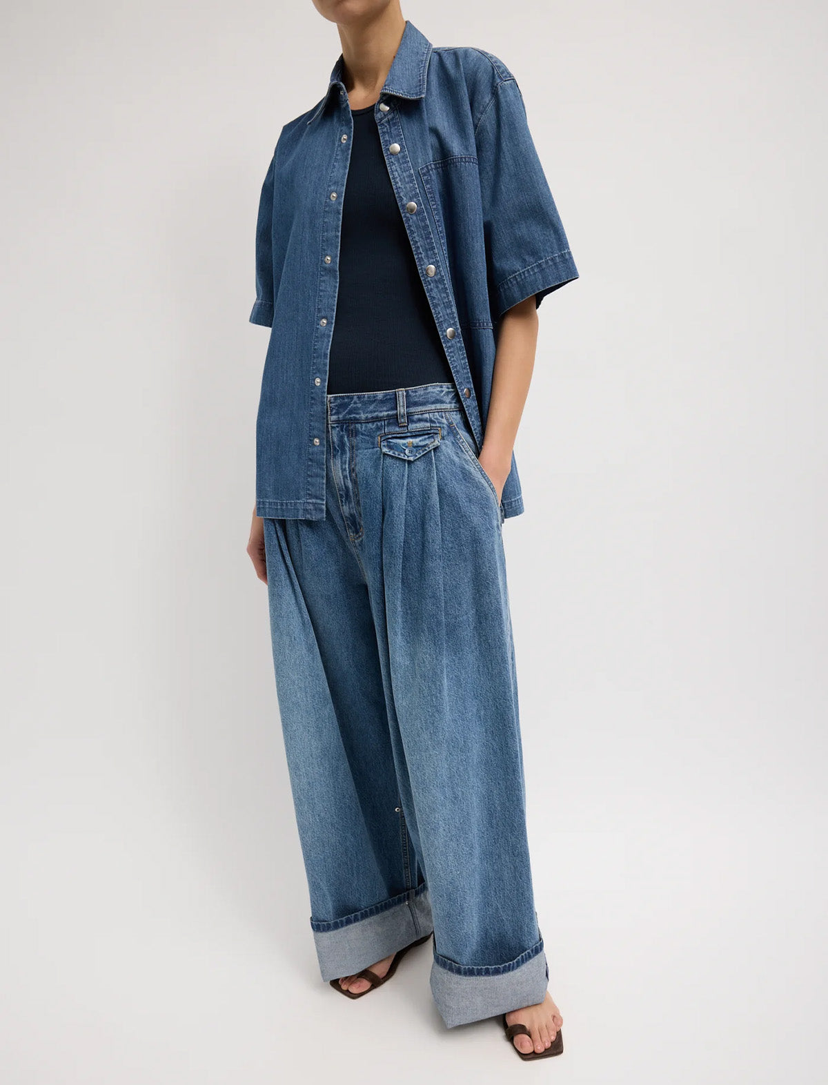 TIBI Spring Denim Triple Pleat Jean in Classic Blue