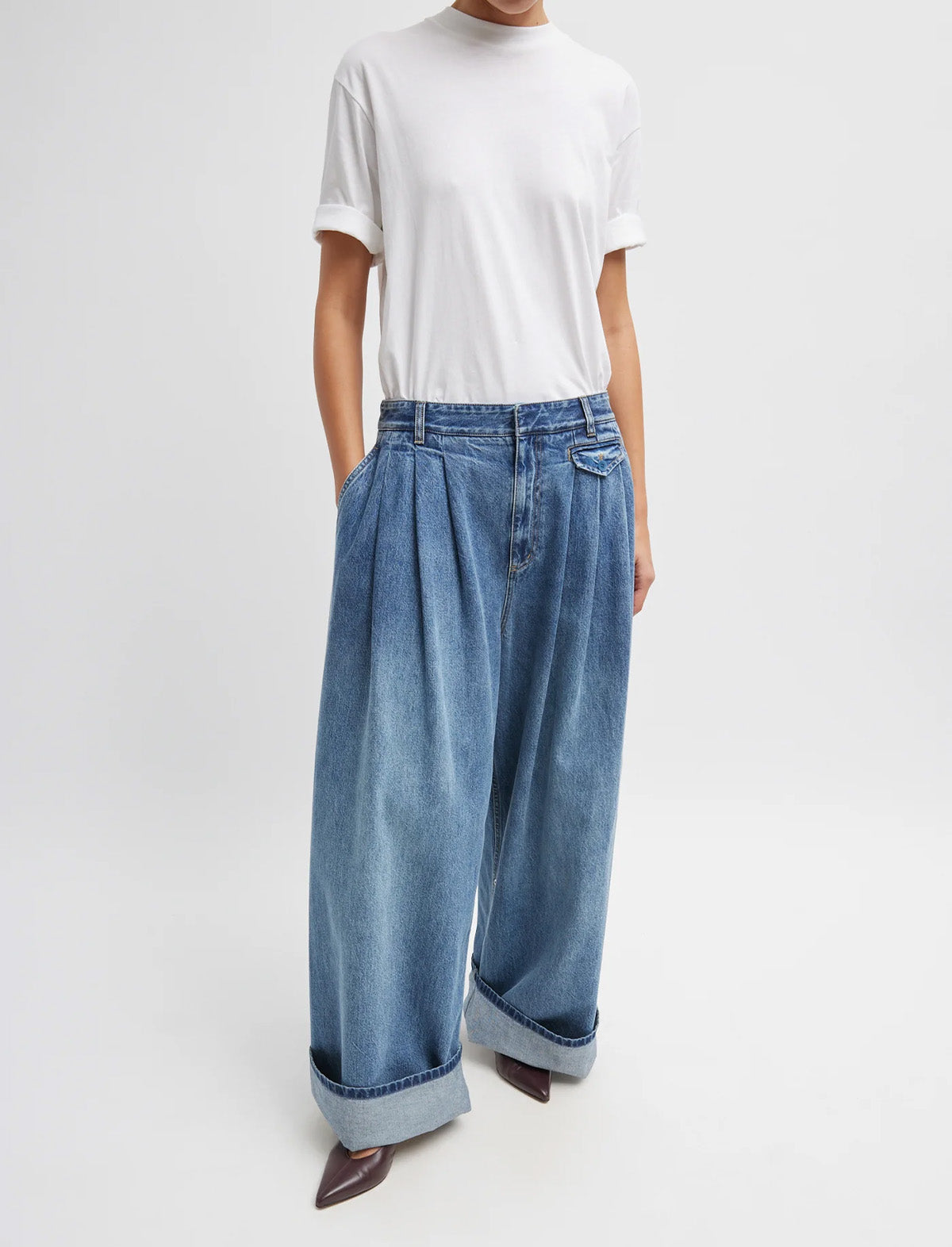 TIBI Spring Denim Triple Pleat Jean in Classic Blue