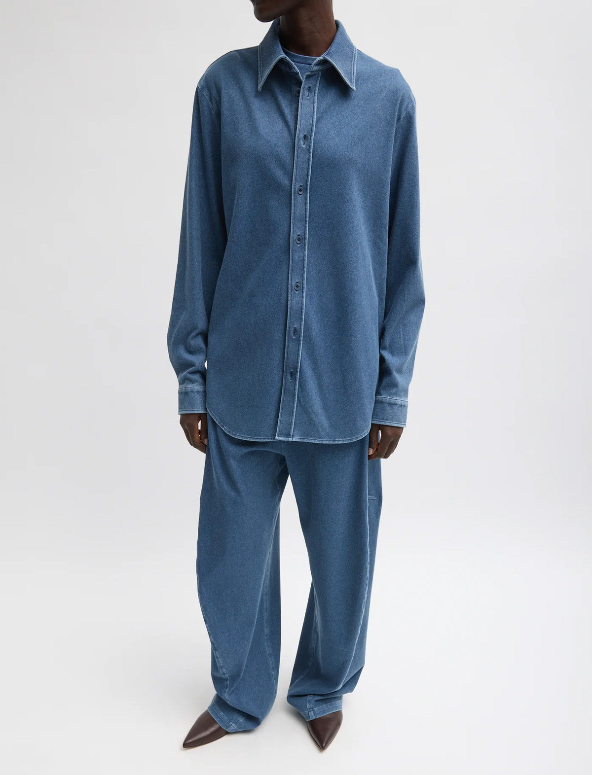 TIBI Stretch Denim Easy Shirt in Classic Wash
