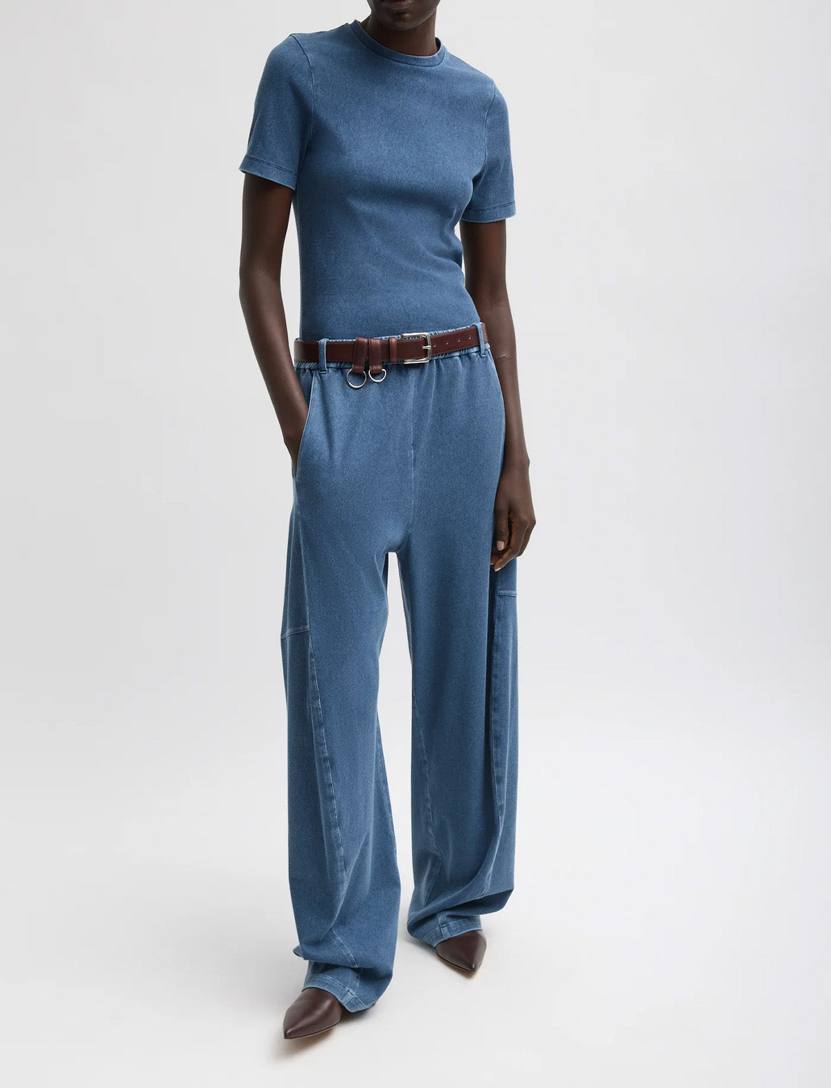 TIBI Stretch Denim Knit Winslow Pant in Classic Wash