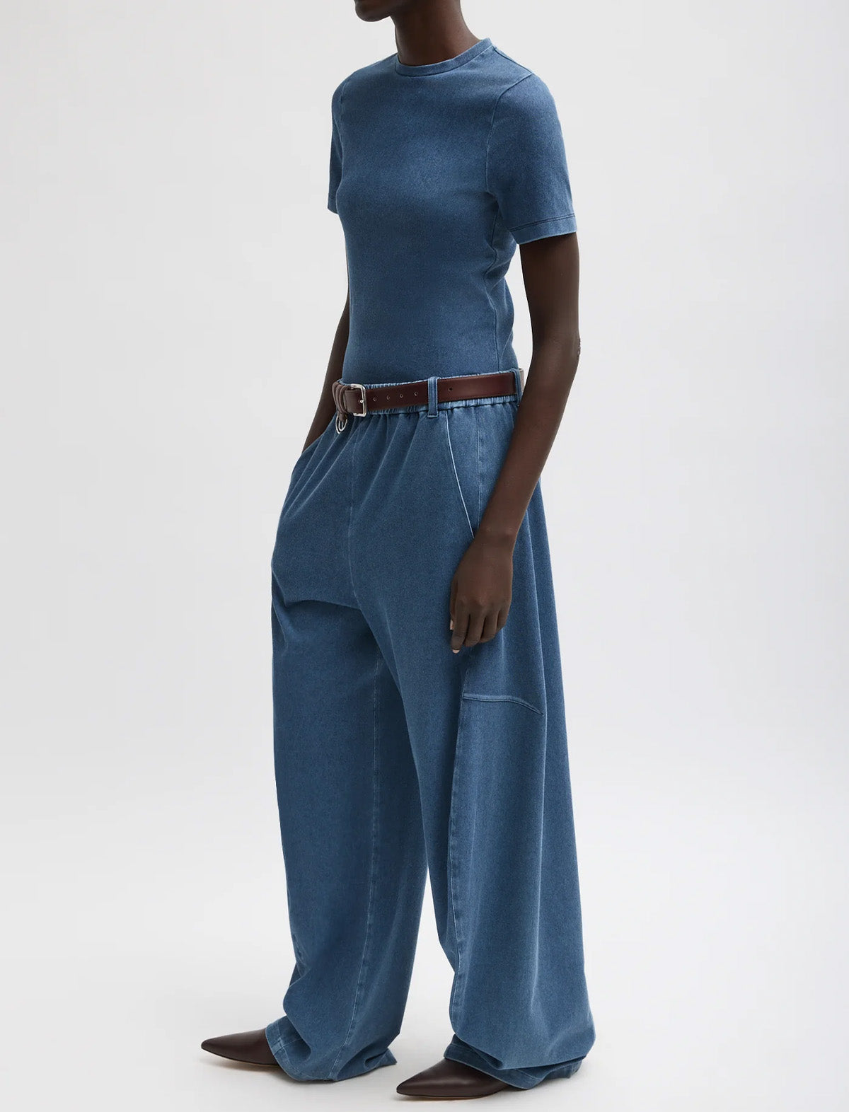 TIBI Stretch Denim Knit Winslow Pant in Classic Wash