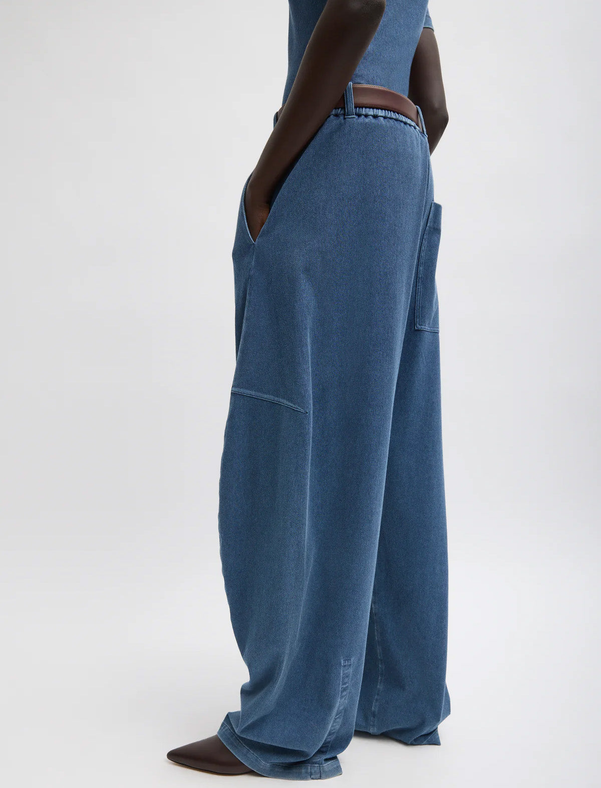 TIBI Stretch Denim Knit Winslow Pant in Classic Wash