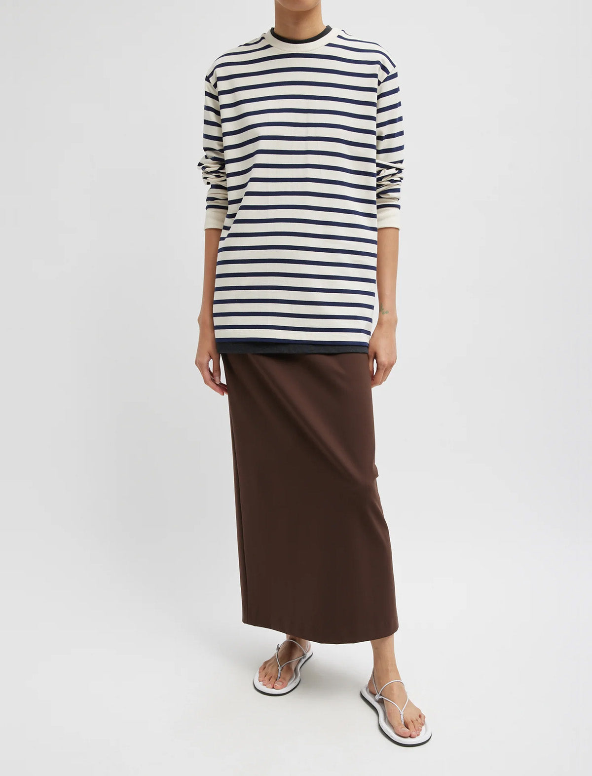 TIBI Striped Perfect Unisex Long Sleeve T-Shirt Navy Multi