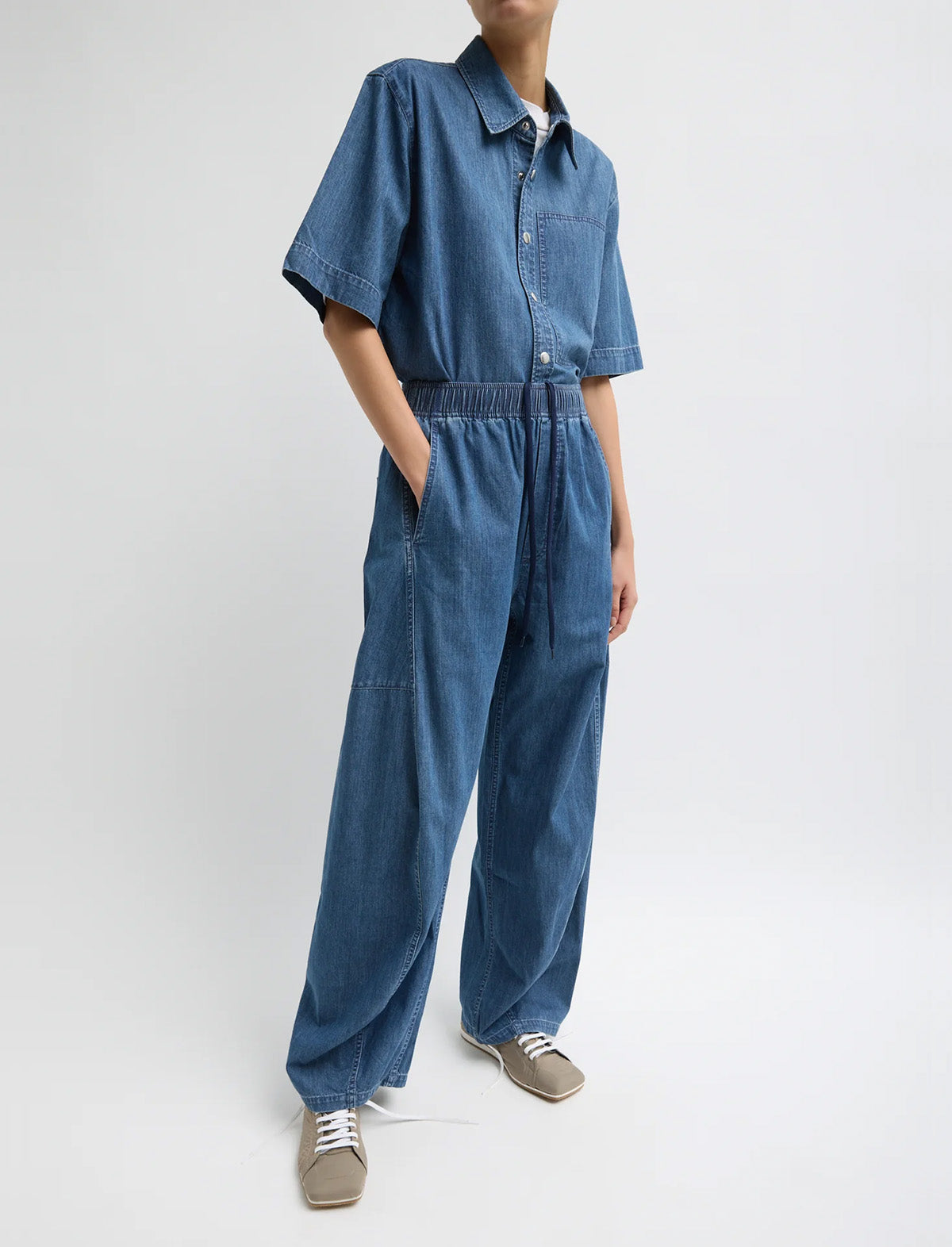 TIBI Summer Denim Classic Wash Camp Shirt in Classic Blue