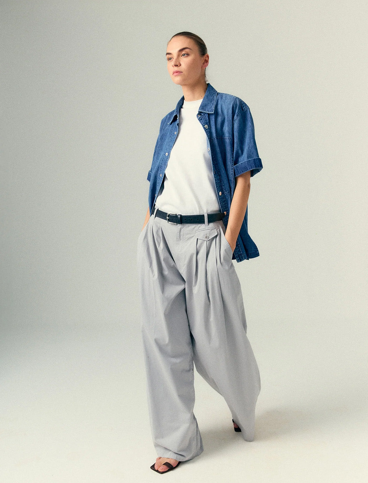 TIBI Summer Denim Classic Wash Camp Shirt in Classic Blue