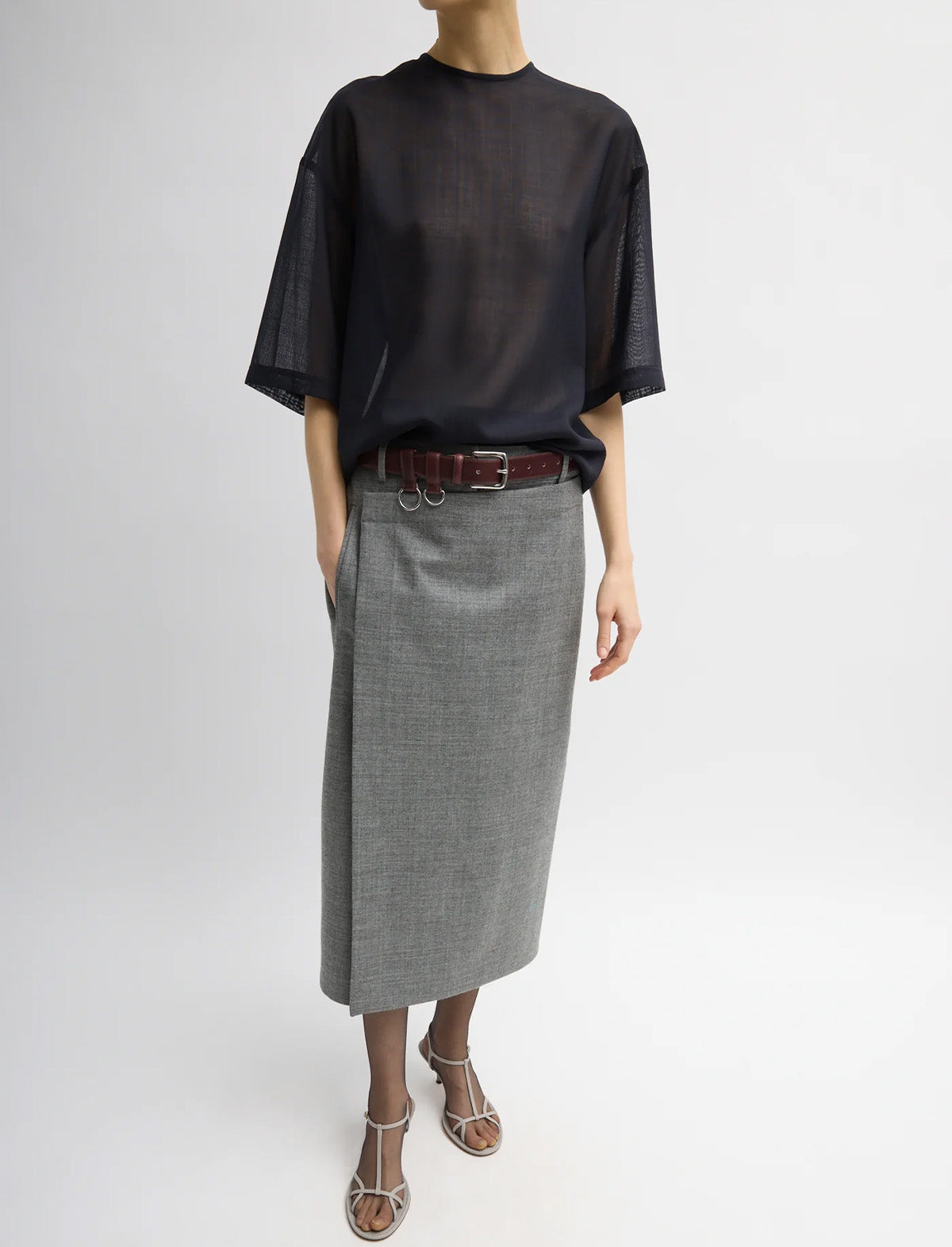 TIBI Techy Bonded Wool Wrap Midi Skirt in Grey