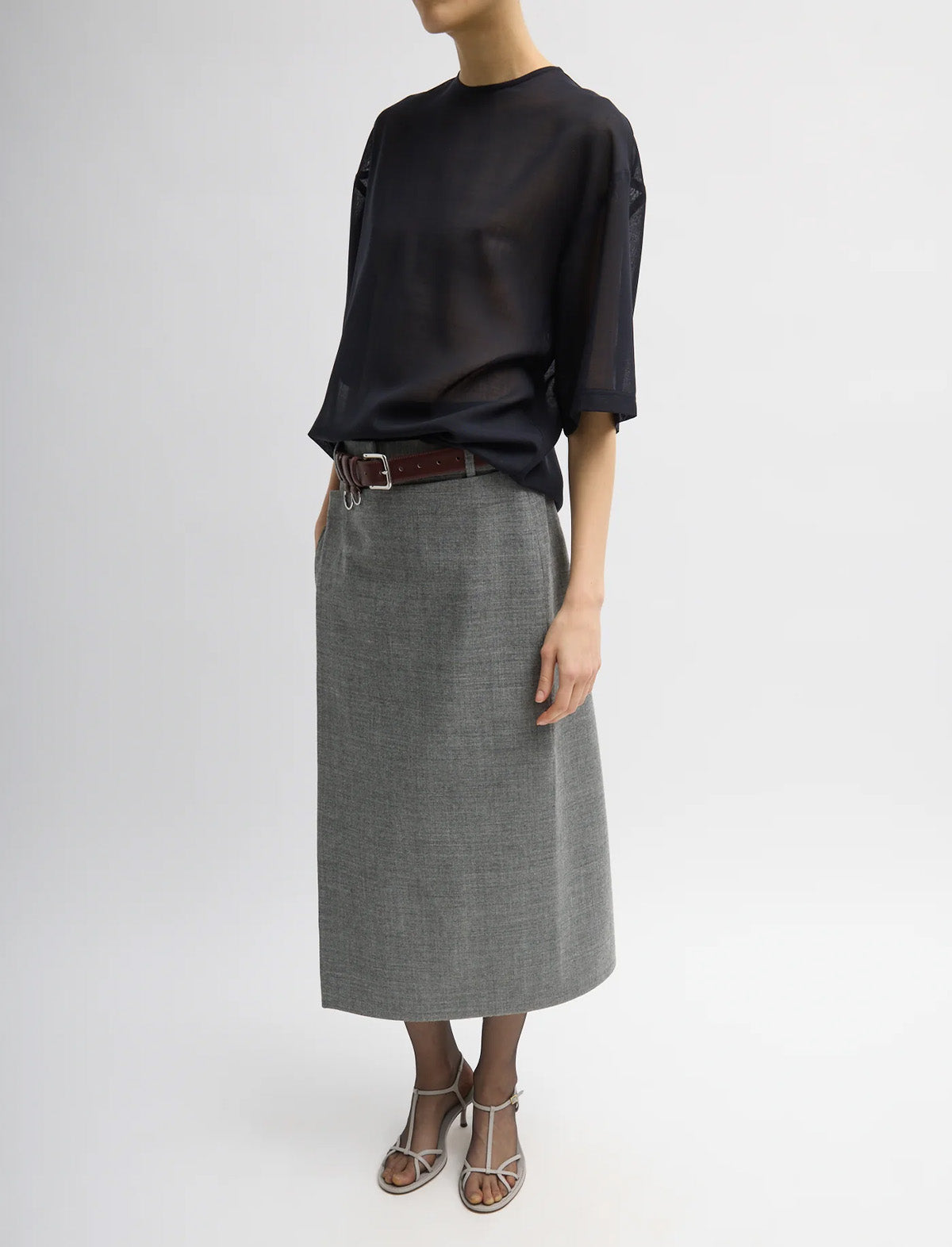 TIBI Techy Bonded Wool Wrap Midi Skirt in Grey