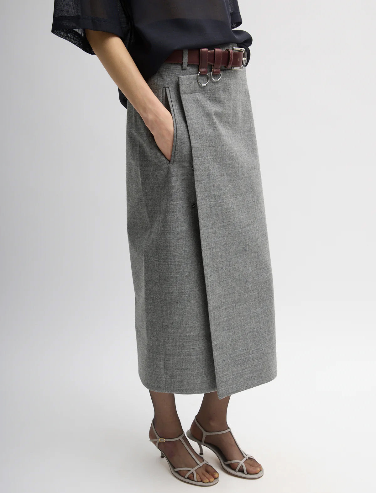 TIBI Techy Bonded Wool Wrap Midi Skirt in Grey
